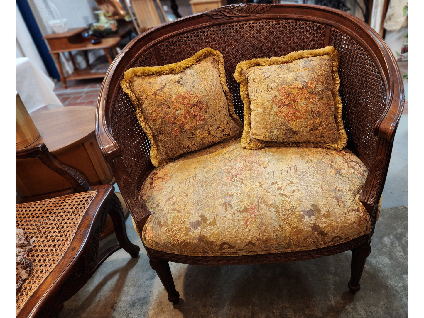 French Settee Hand Carved walnut and Caned Settee Loveseat| LOUIS XVI BERGERE CHAIR