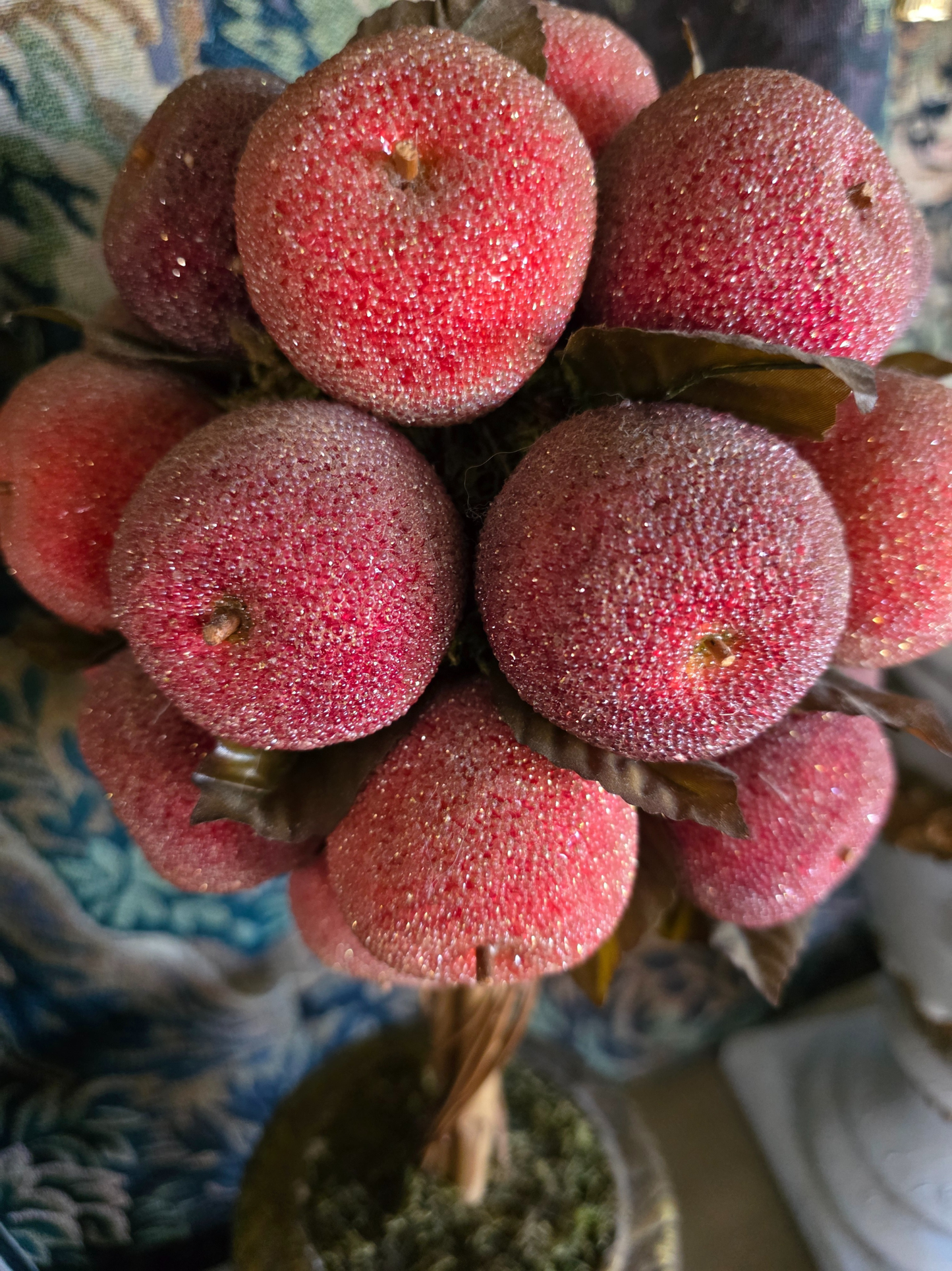 Red Beaded Apple Topiary Centerpiece – Faux Fruit Arrangement in Gold Pedestal Urn Holiday Decor