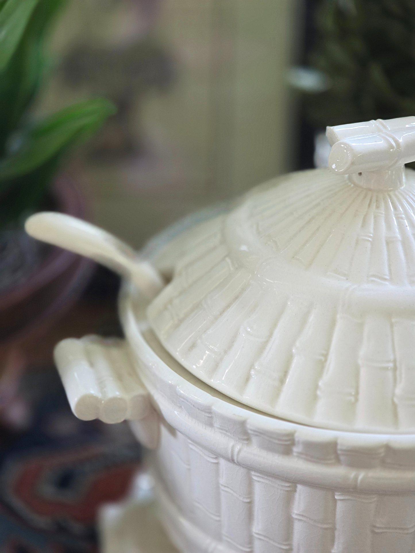 White Chinoiserie Bamboo Tureen with Underplate & Ladle – Mid-Century Tabletop Decor