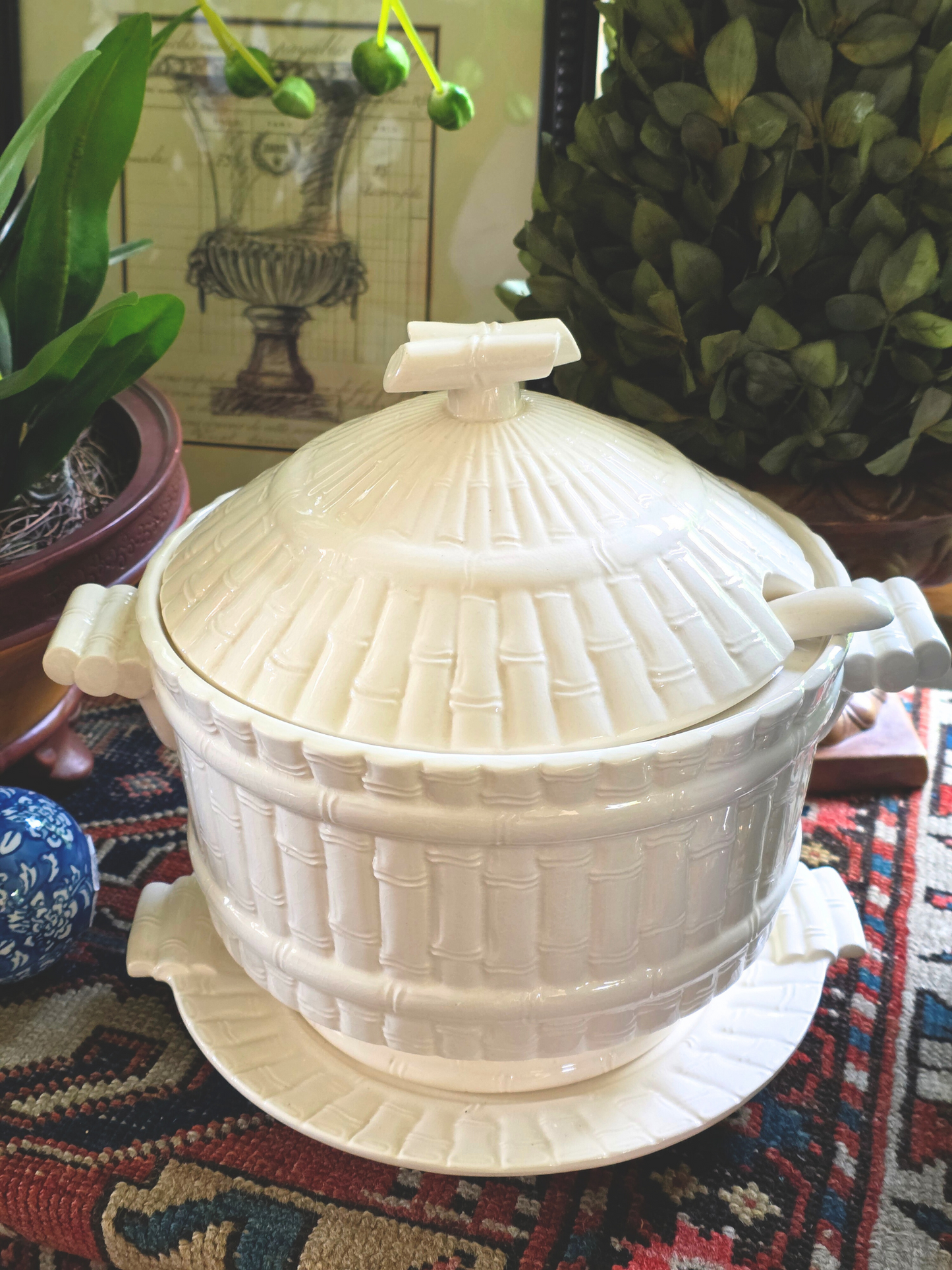 White Chinoiserie Bamboo Tureen with Underplate & Ladle – Mid-Century Tabletop Decor