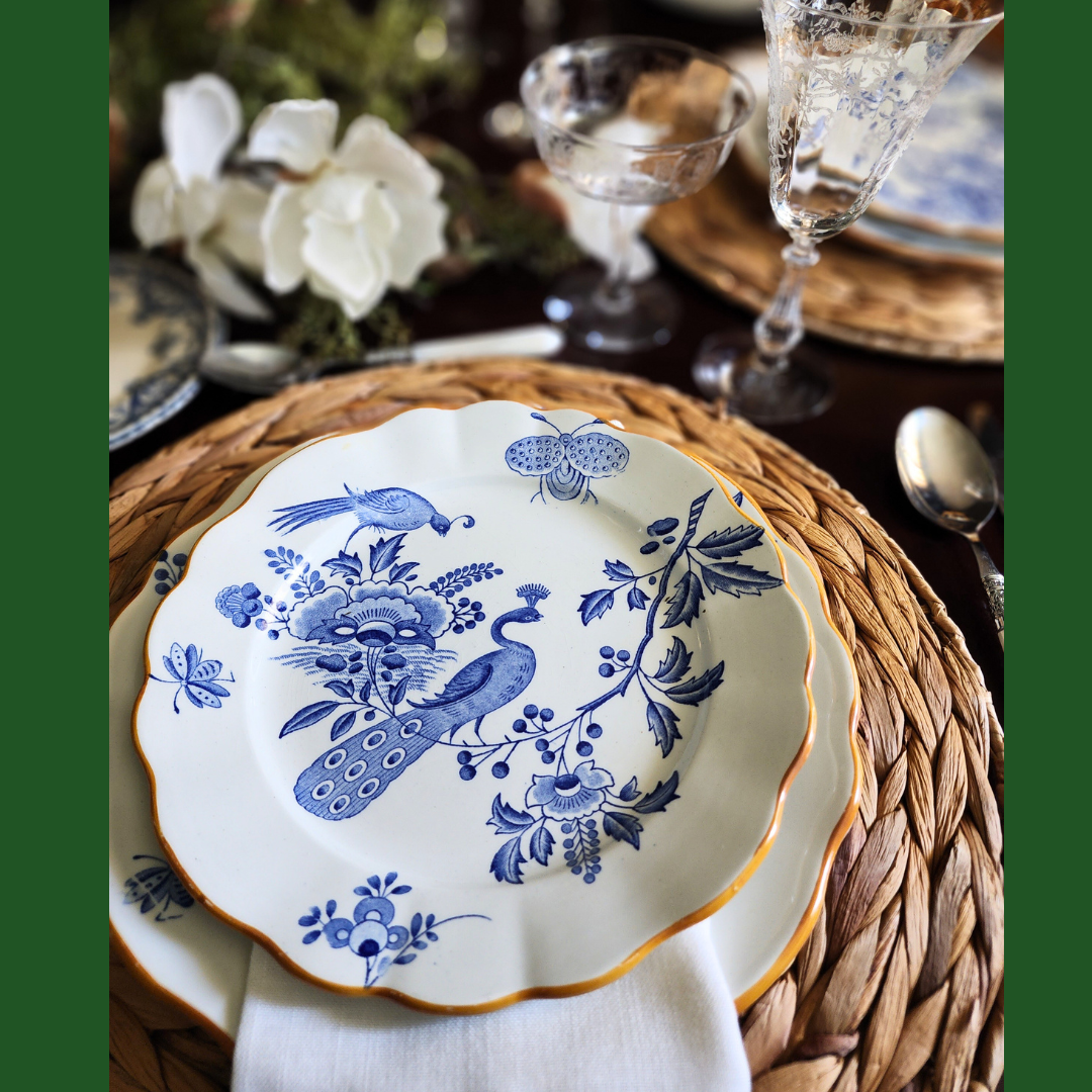 Antique Chinoiserie Style Compote Boch Frères Keramis Paon Blue and White Compote- Set of 2