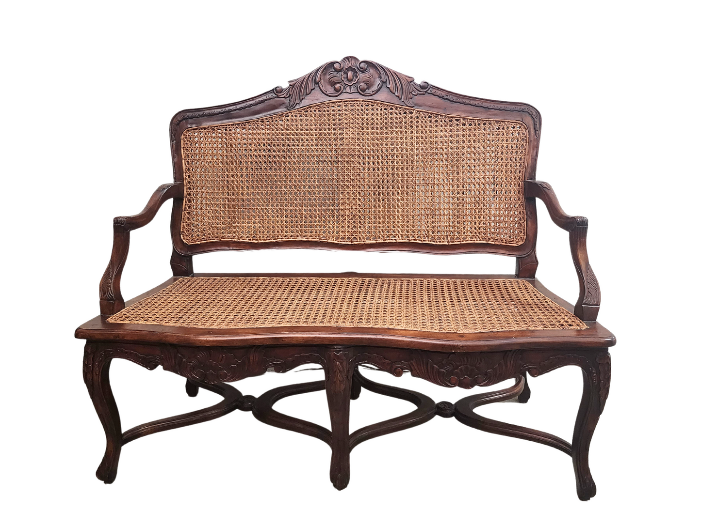 Louis XV Style Walnut and Caned Bench, Early to Mid 1900s-60s