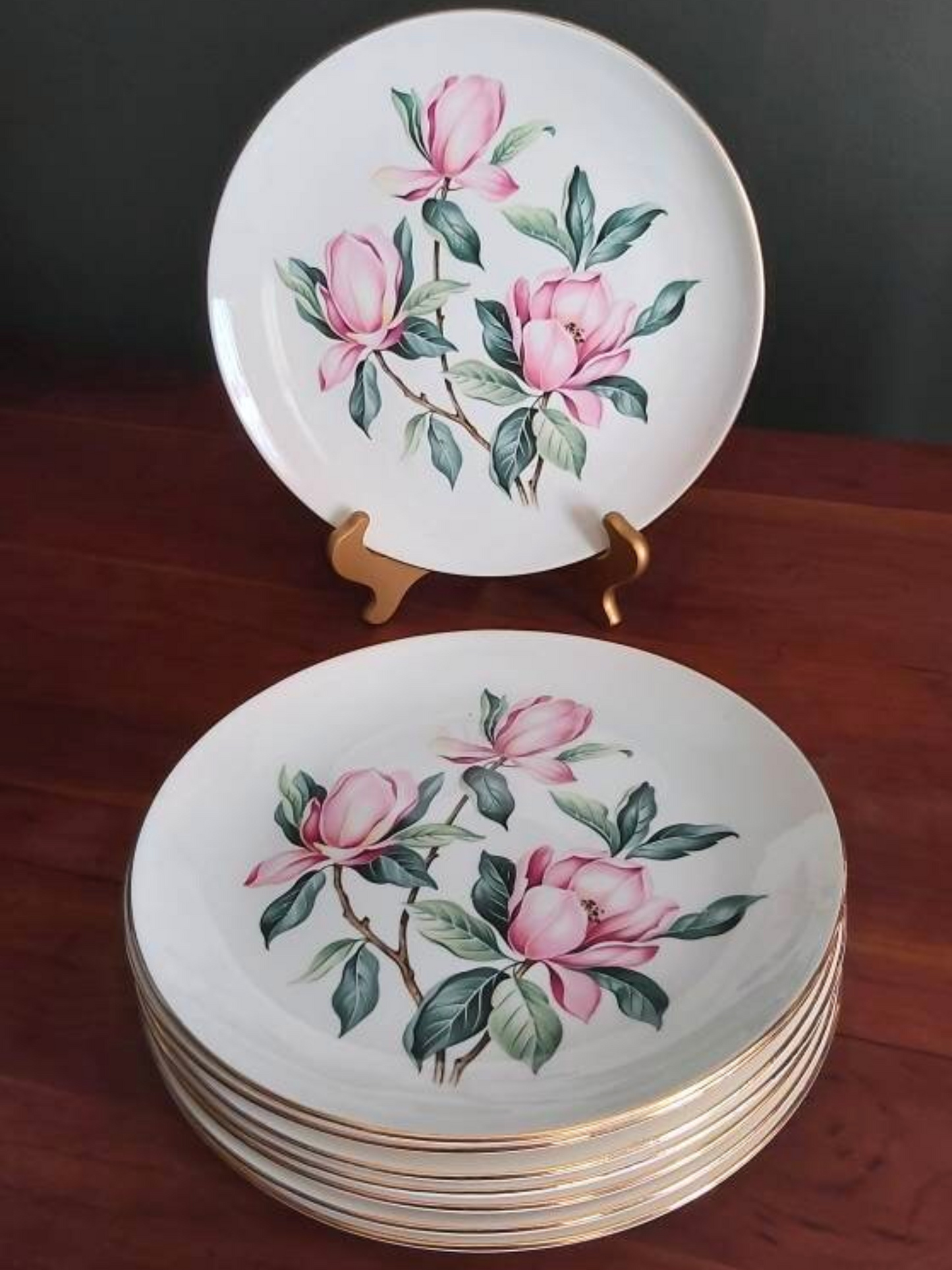 Vintage Spring Plates Pink Magnolia Rhythm Homer Laughlin 8 Dinner Plates