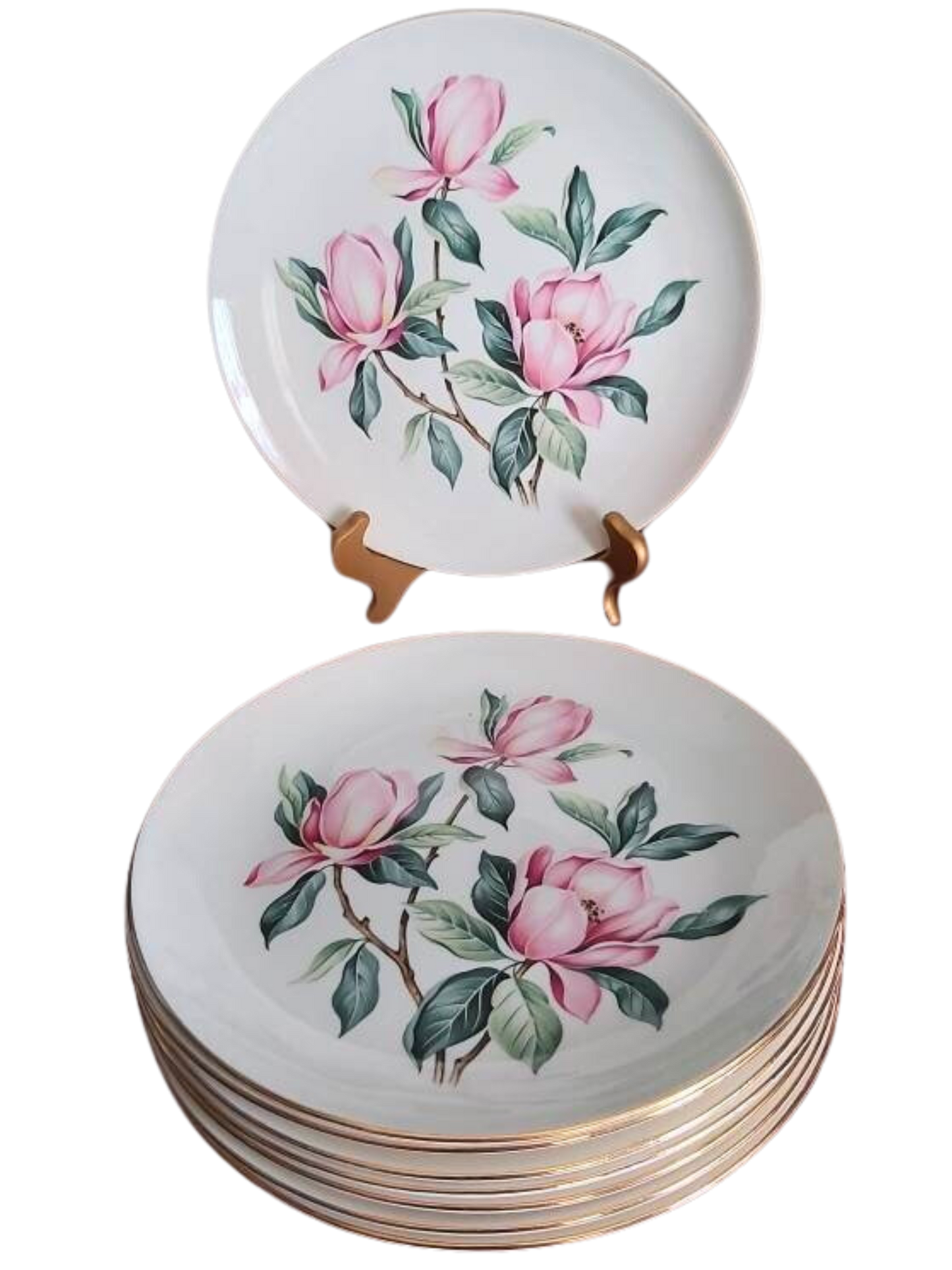 Vintage Spring Plates Pink Magnolia Rhythm Homer Laughlin 8 Dinner Plates