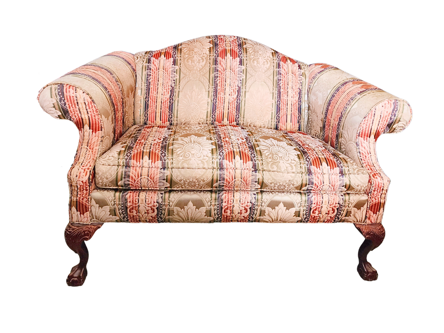 Camelback Damask Settee Loveseat in Chippendale style Claw and Ball foot