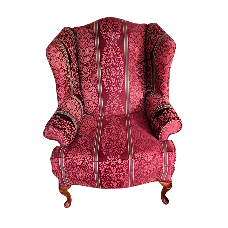 Custom Upholstered Red Silk Damask Wingback Chair