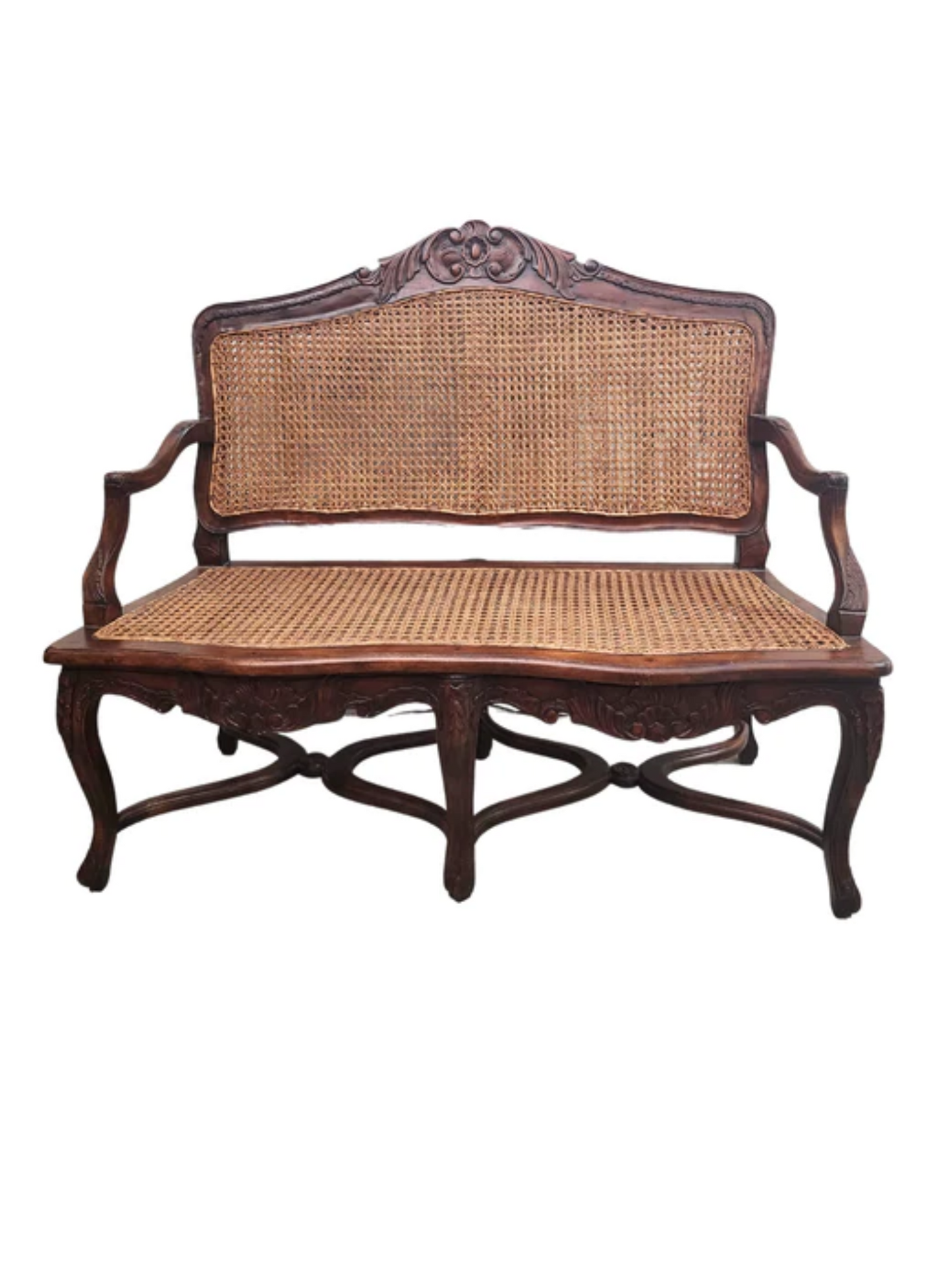 Louis XV Style Walnut and Caned Bench, Early to Mid 1900s-60s