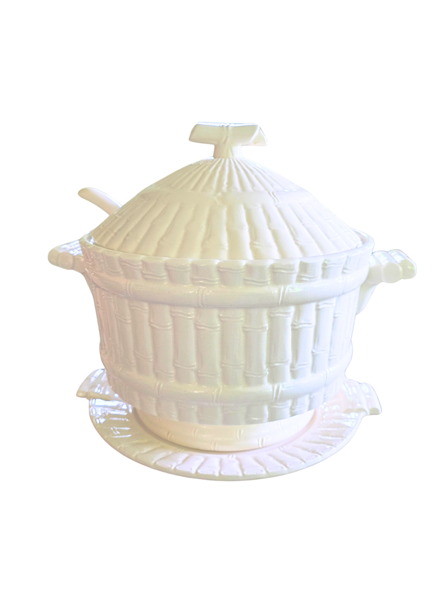 White Chinoiserie Bamboo Tureen with Underplate & Ladle – Mid-Century Tabletop Decor