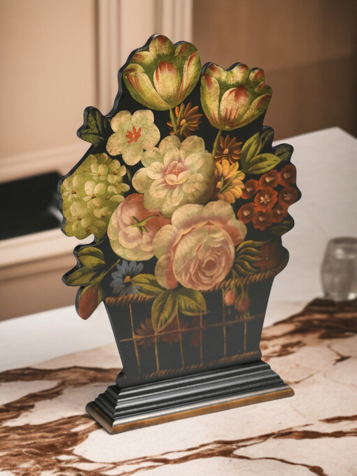 English Style floral Painted Wood Firescreen, Flower Basket Dummy Board