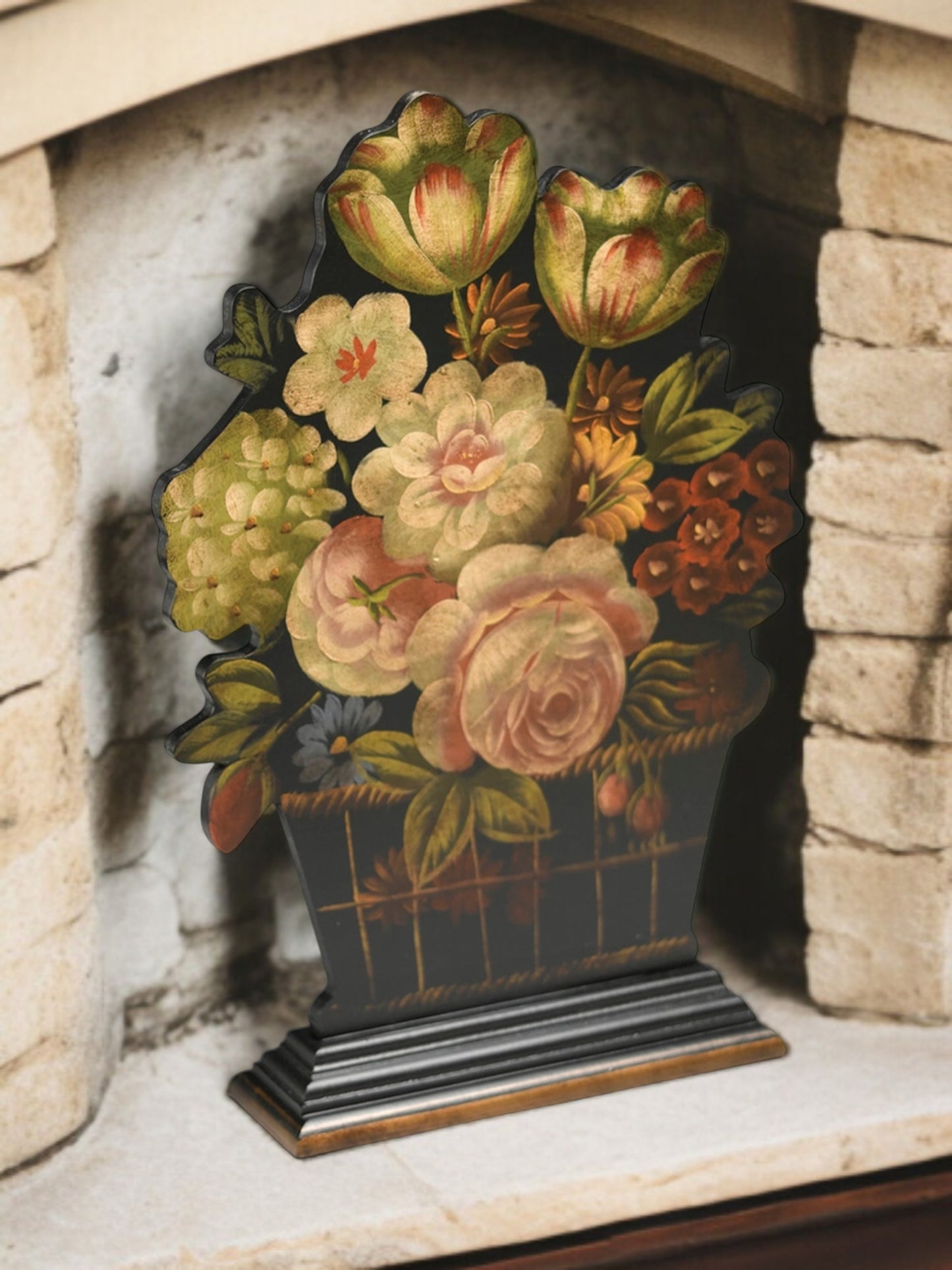 English Style floral Painted Wood Firescreen, Flower Basket Dummy Board