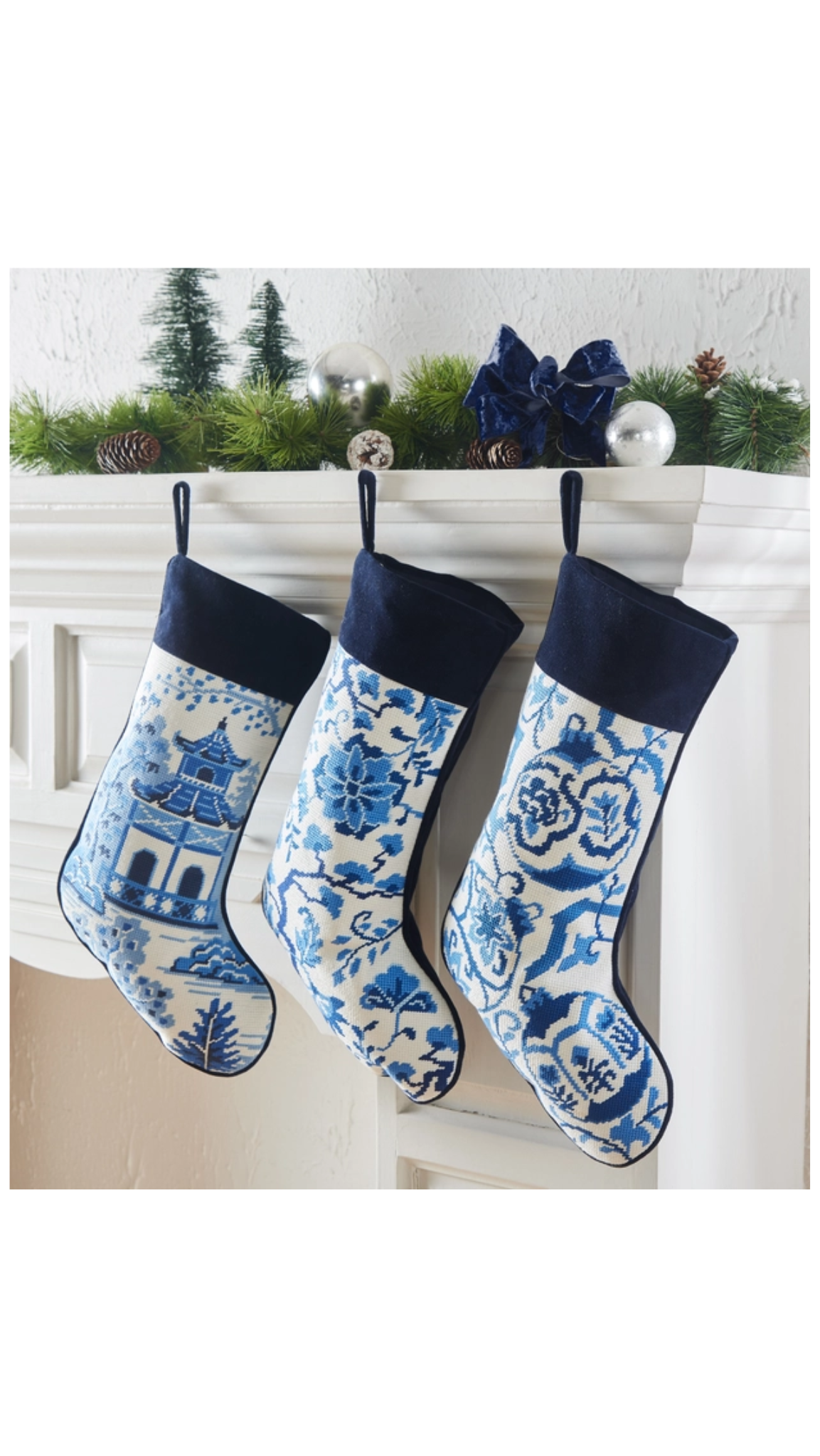 Chinoiserie Embroidered Needlepoint Stocking Flowers | Blue and White Needlepoint Stocking