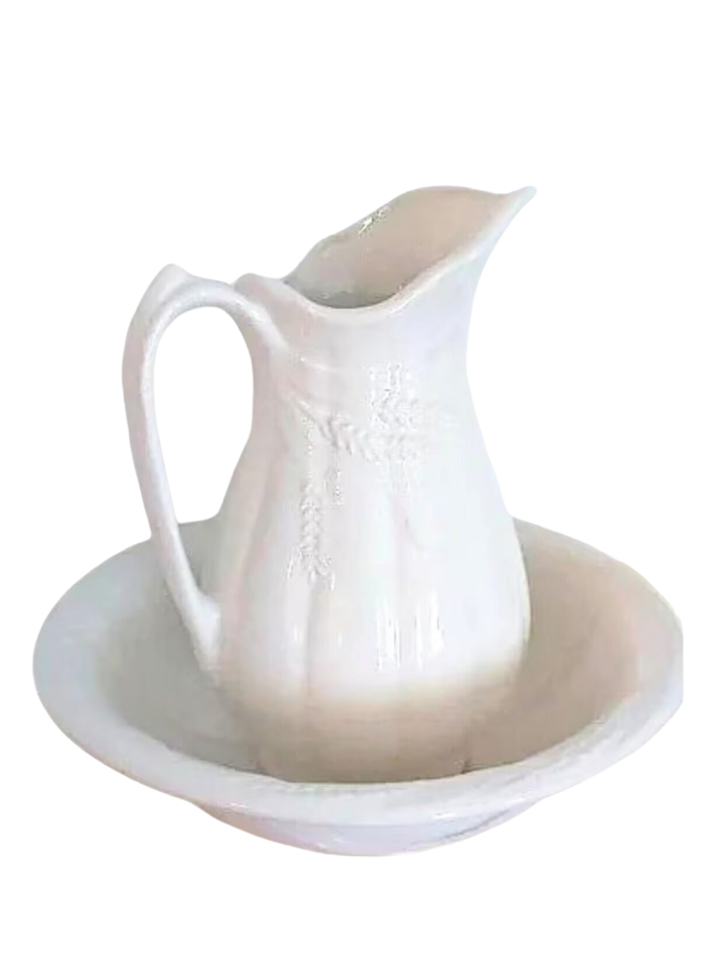 Vintage White Ironstone Pitcher and Basin Set - Antique Wash Bowl and Pitcher - Classic Home Decor Collectible | Wheat design pitcher