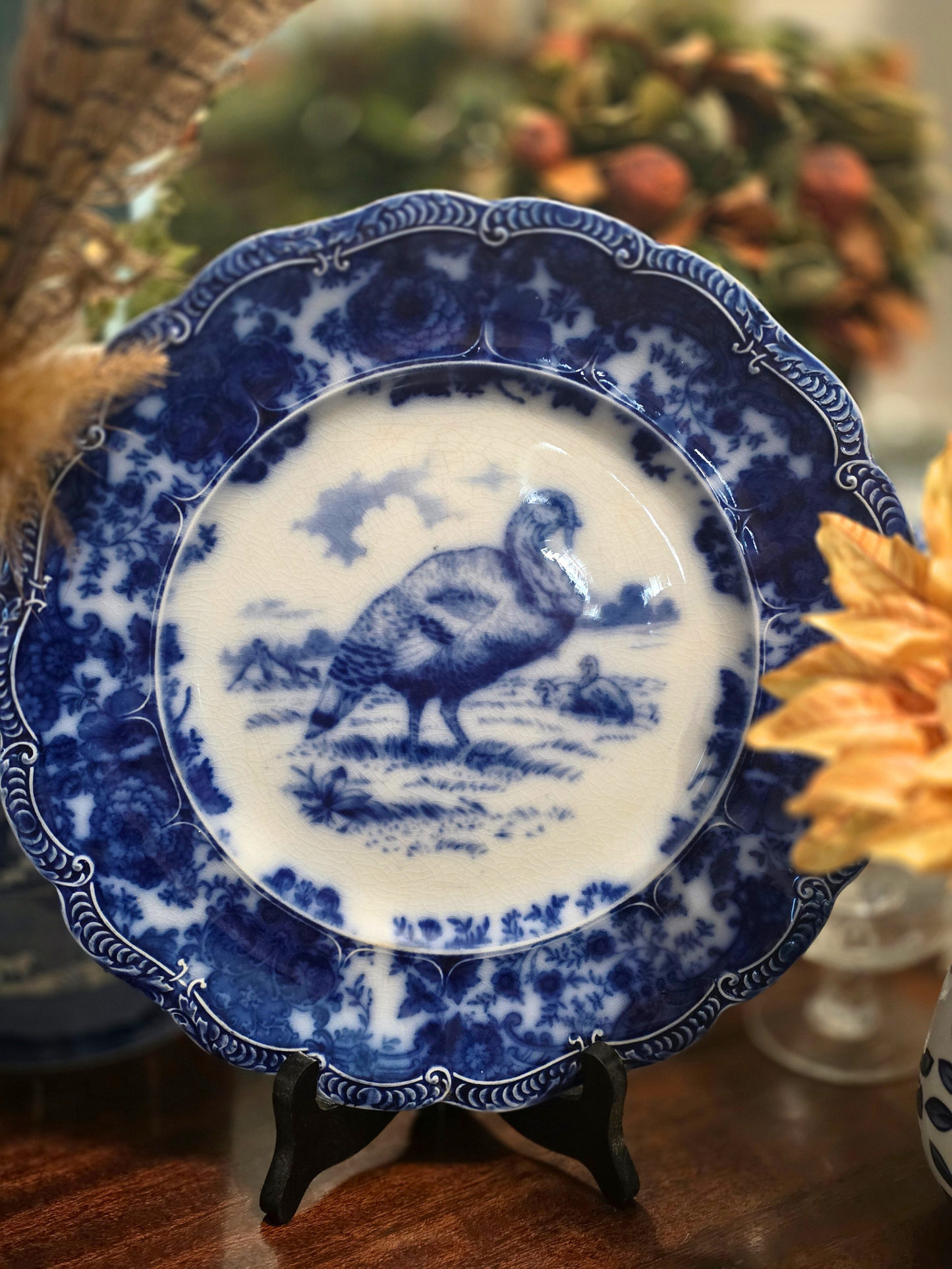 Antique Ridgeway Flow Blue Dinner Turkey Plate