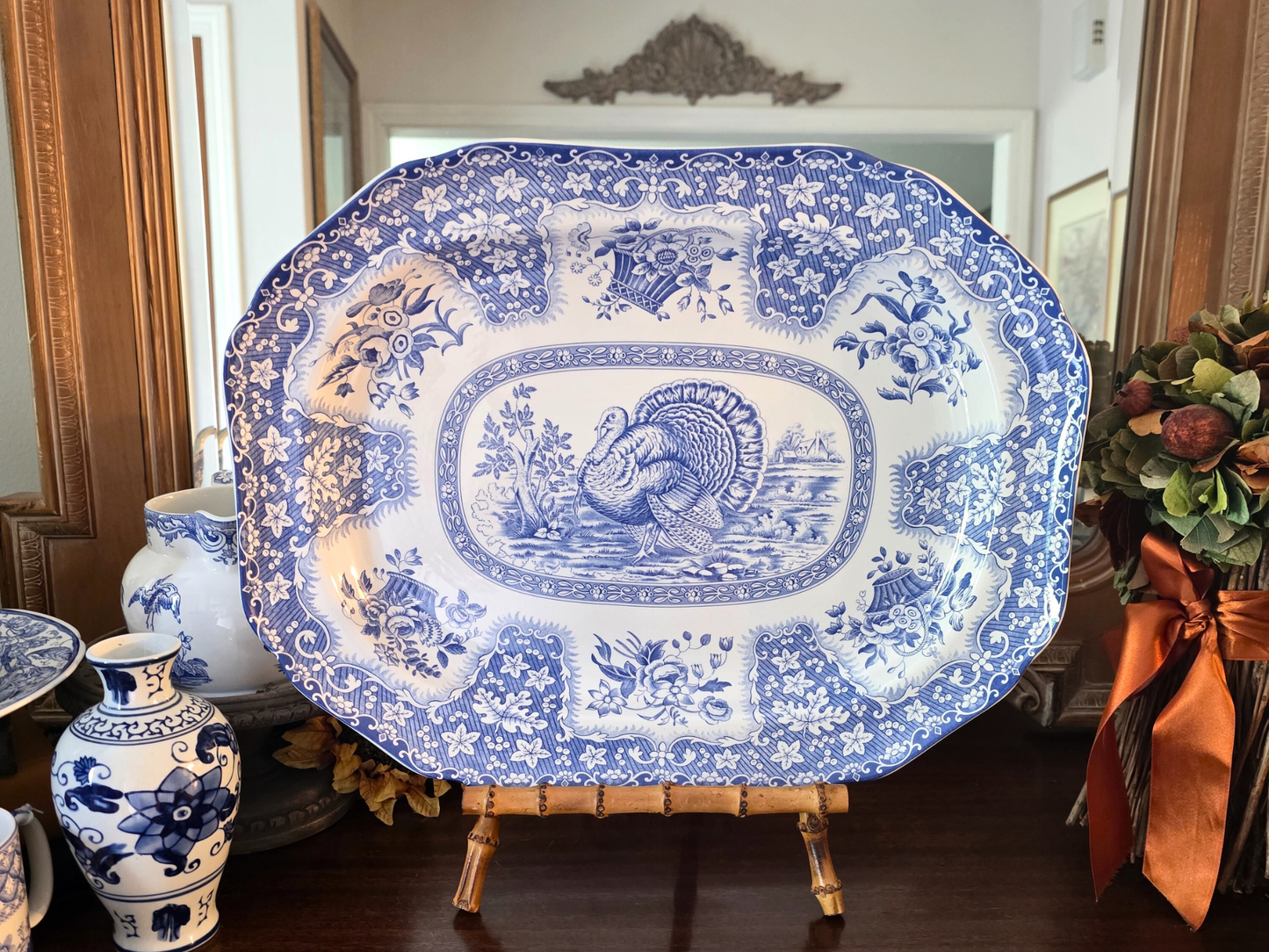 Festival Blue Turkey Platter by Spode Oval Serving Platter Festival Blue Pattern
