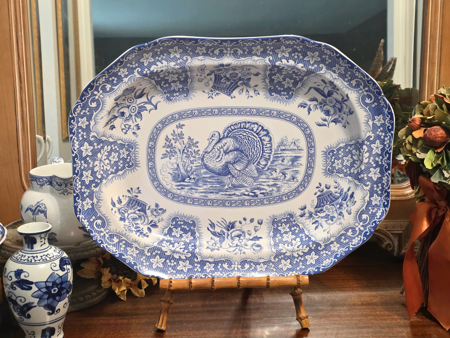 Festival Blue Turkey Platter by Spode Oval Serving Platter Festival Blue Pattern