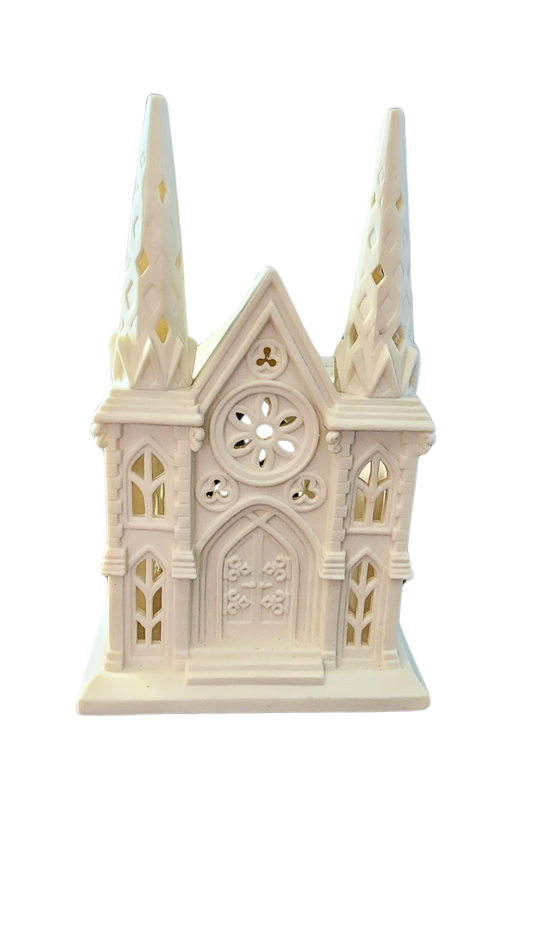 Vintage Cathedral Church Bisque Tealight Candle Holder Display