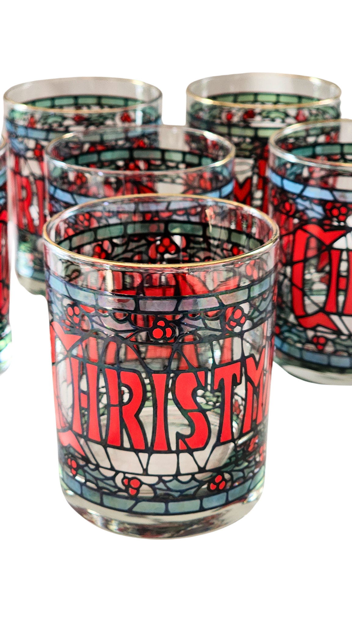 Vintage Christmas Stained Glass Cocktail Glasses - Double Old Fashioned Glasses