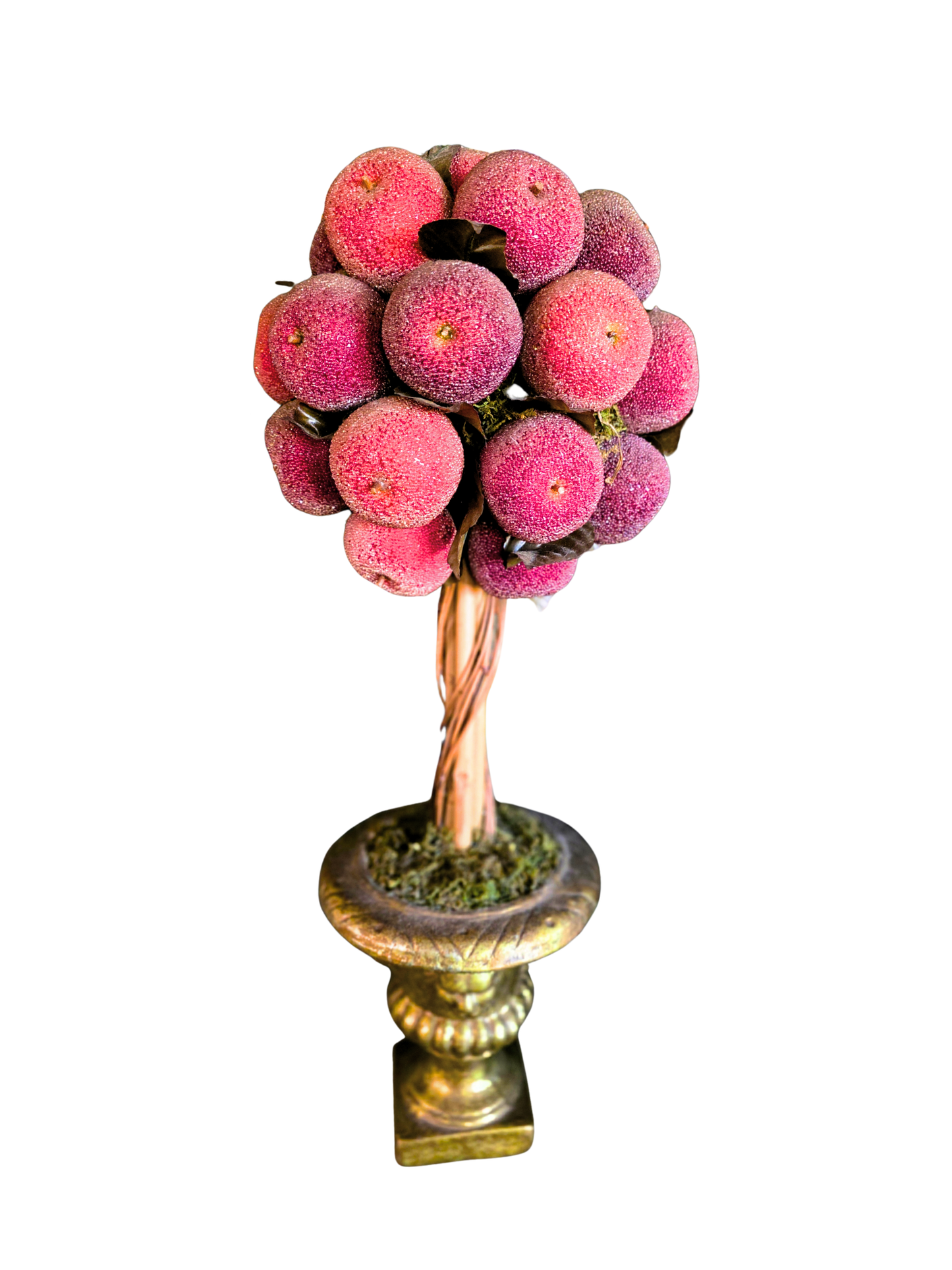 Red Beaded Apple Topiary Centerpiece – Faux Fruit Arrangement in Gold Pedestal Urn Holiday Decor