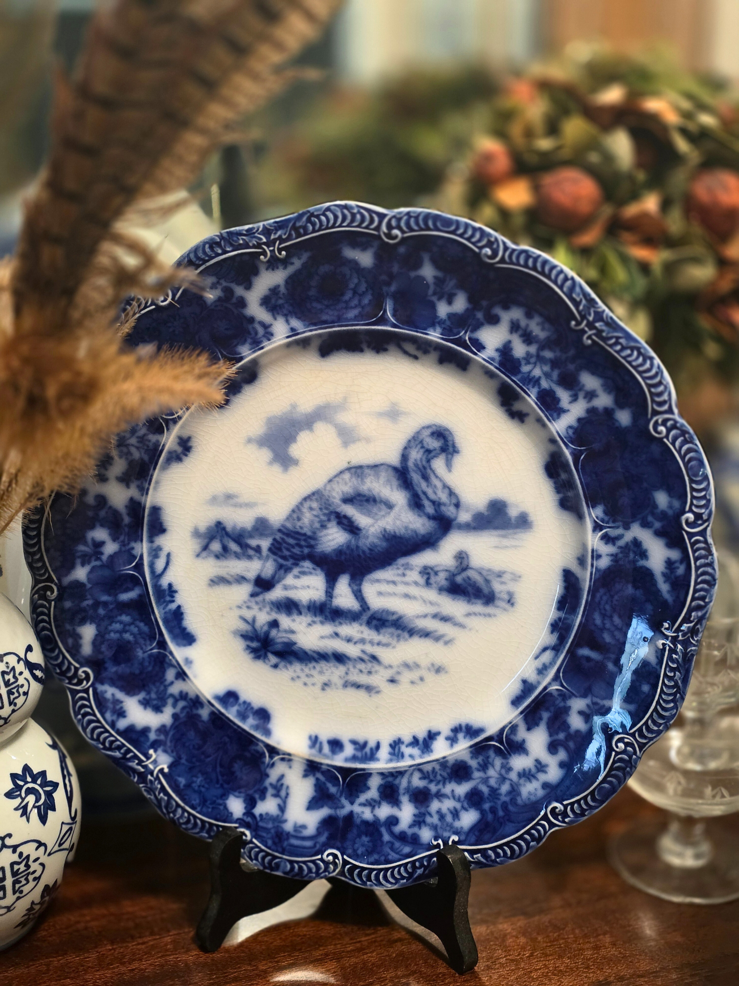 Antique Ridgeway Flow Blue Dinner Turkey Plate
