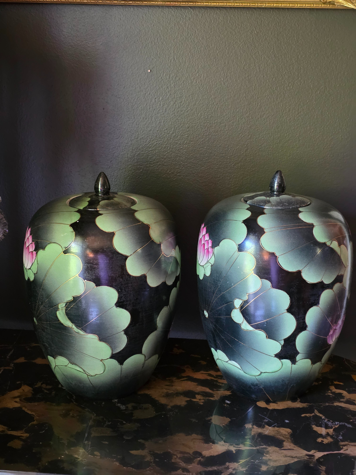 Pair of Large Chioniserie Ginger Jars Mid 20th Century Hand-Painted Lotus Black Ginger Jars – Chinoiserie Style