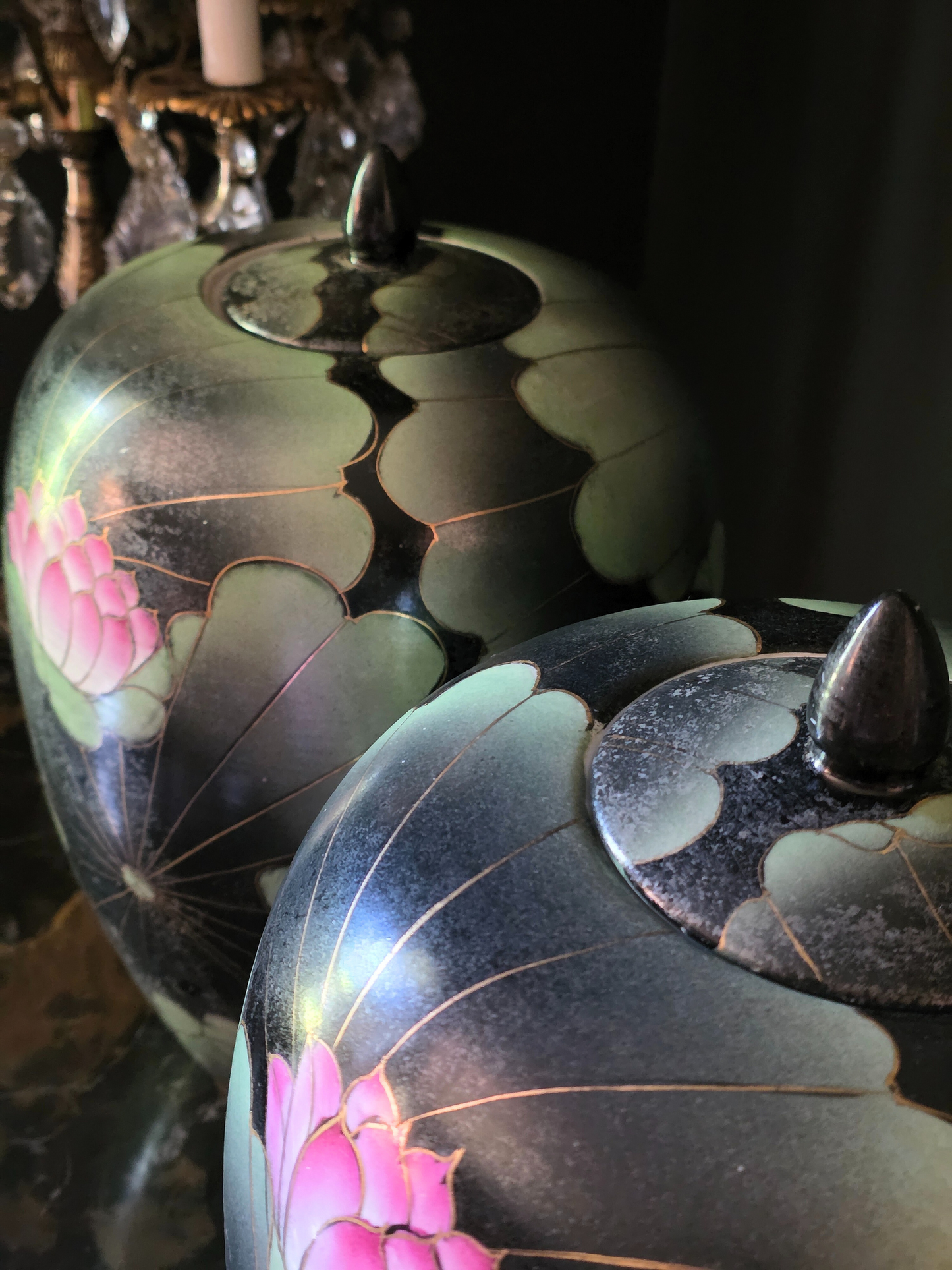 Pair of Large Chioniserie Ginger Jars Mid 20th Century Hand-Painted Lotus Black Ginger Jars – Chinoiserie Style