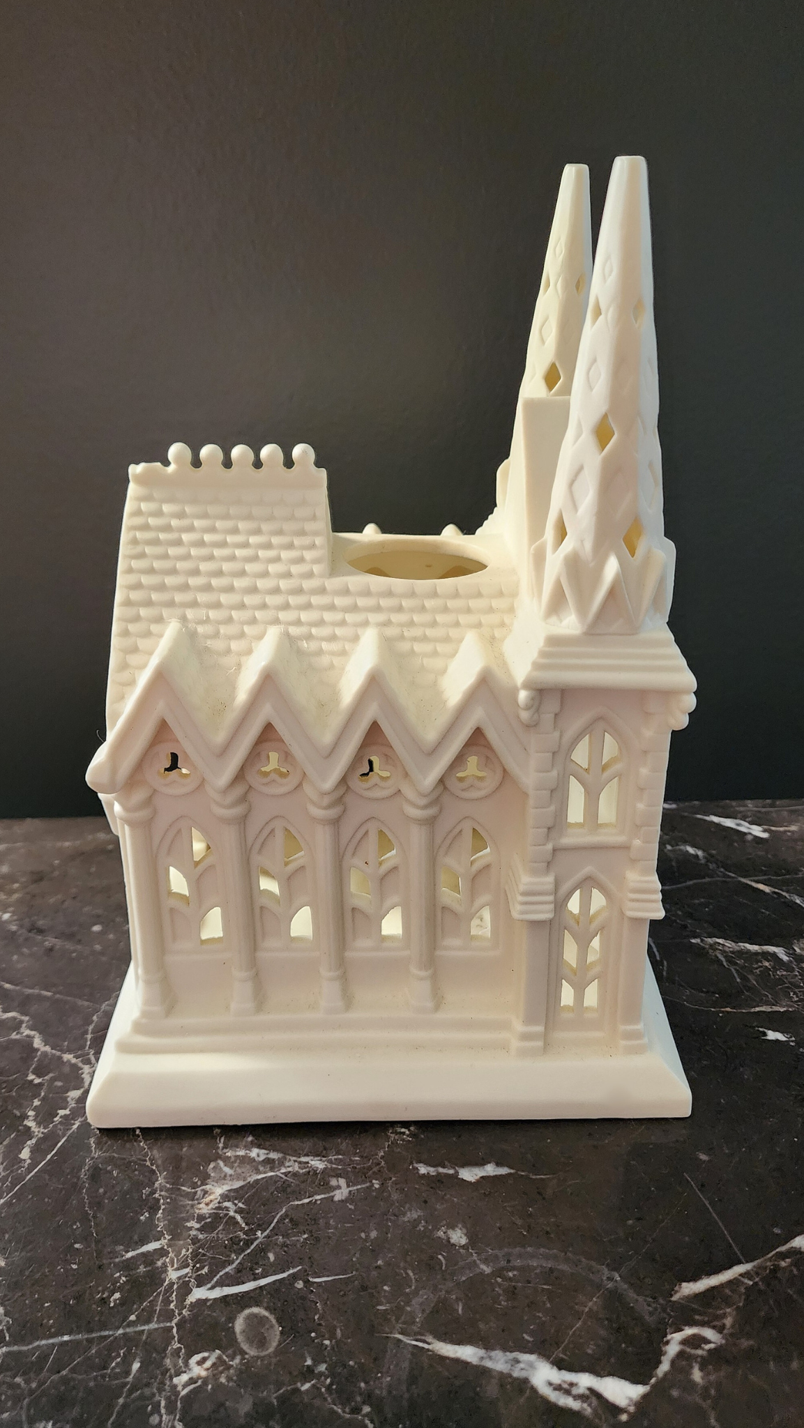 Vintage Cathedral Church Bisque Tealight Candle Holder Display