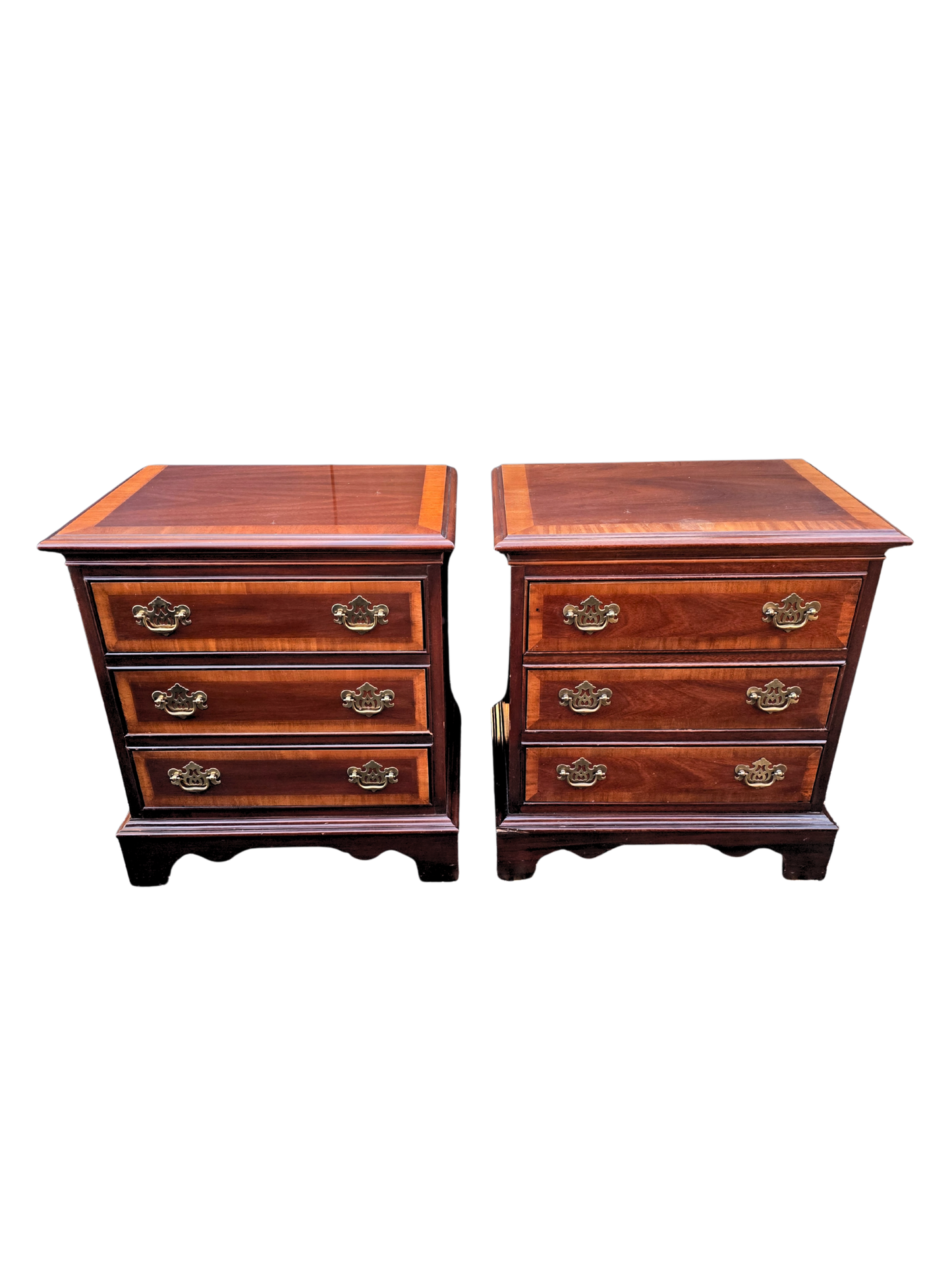 Pair of Dixie Banded Mahogany Chippendale Style Bedside Chests