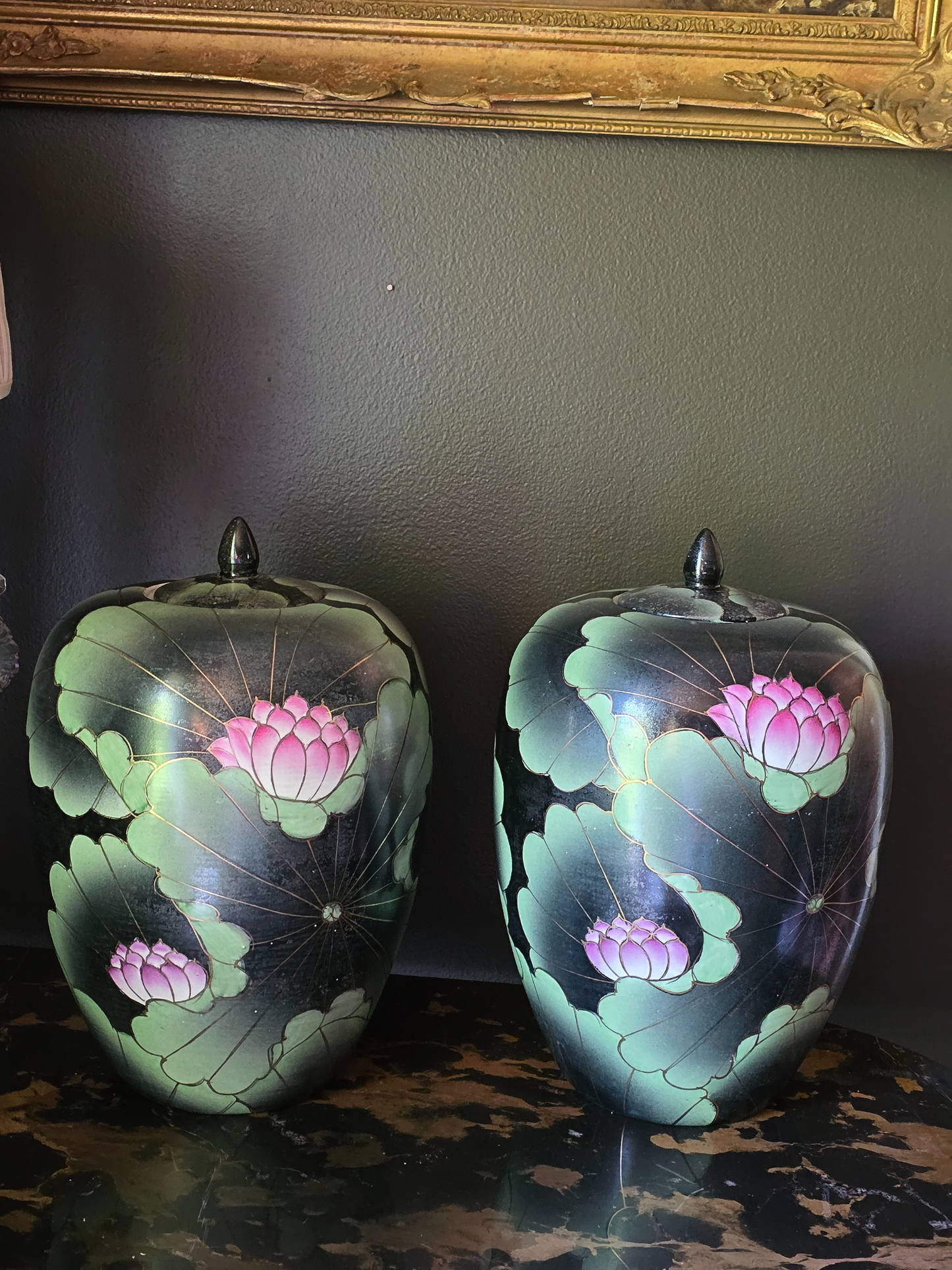 Pair of Large Chioniserie Ginger Jars Mid 20th Century Hand-Painted Lotus Black Ginger Jars – Chinoiserie Style