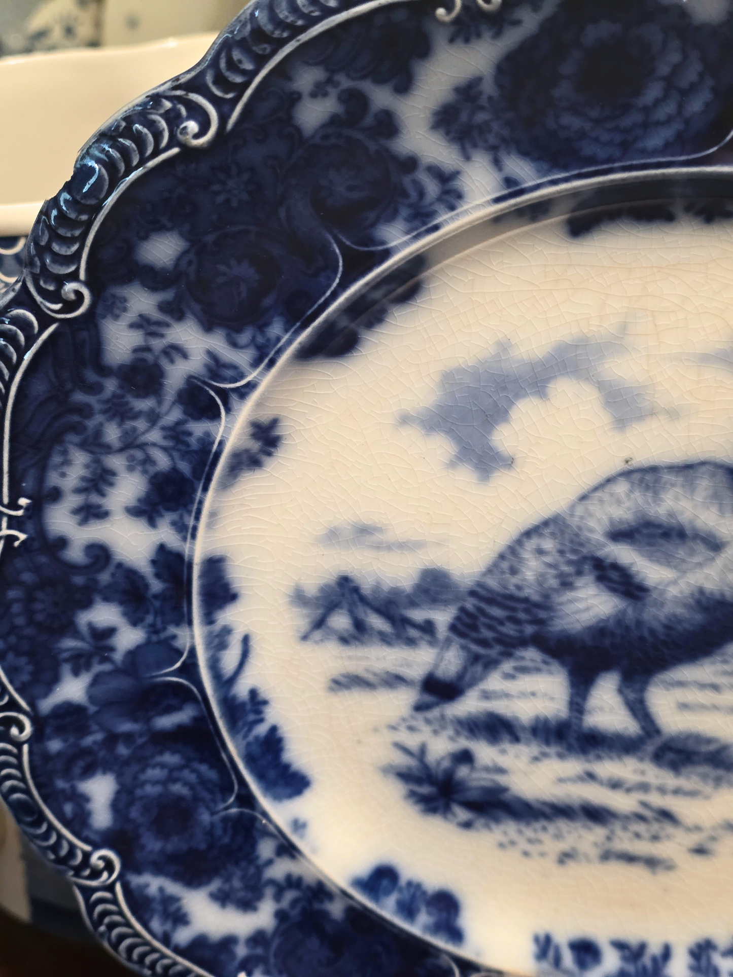 Antique Ridgeway Flow Blue Dinner Turkey Plate