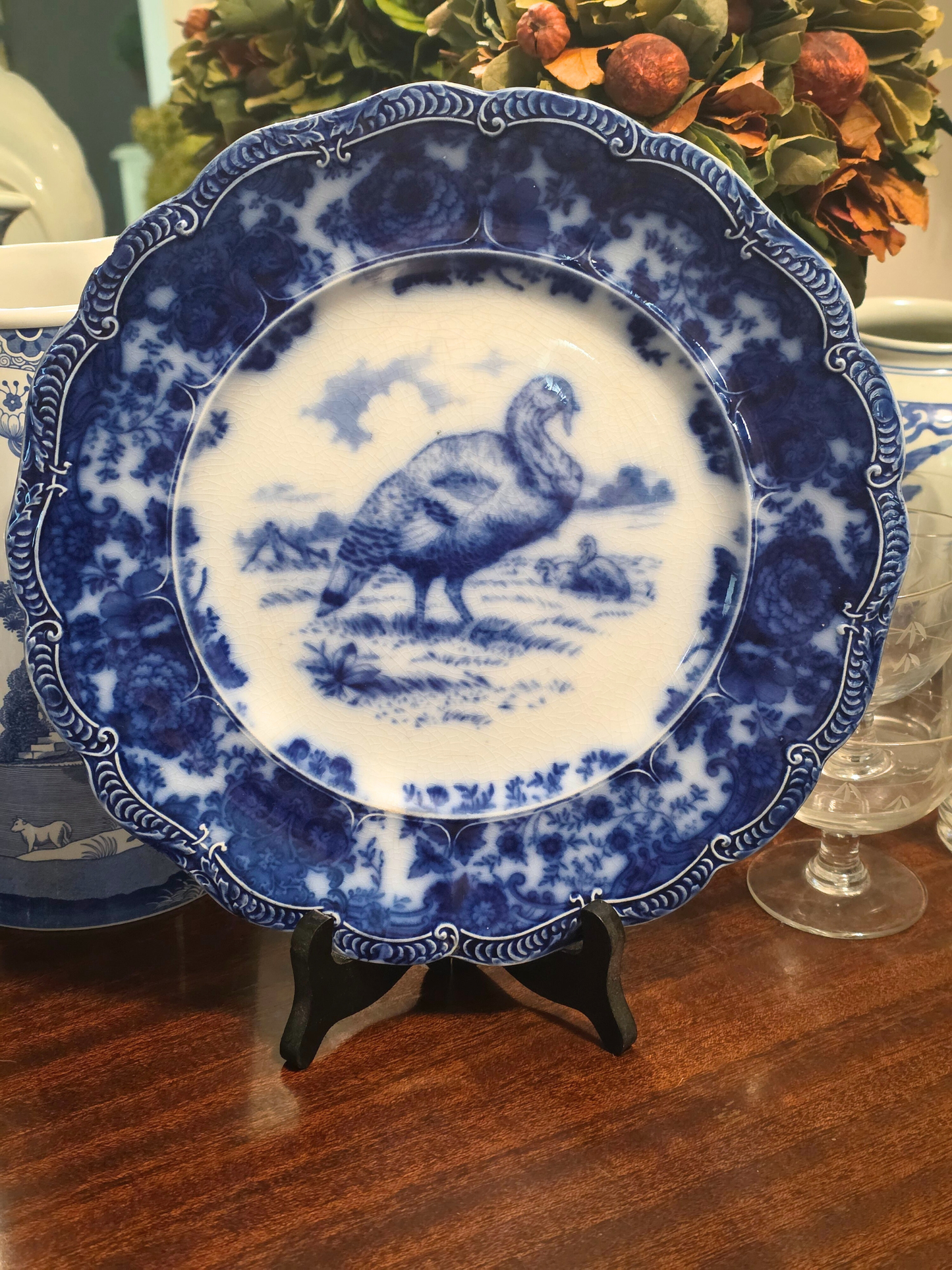 Antique Ridgeway Flow Blue Dinner Turkey Plate
