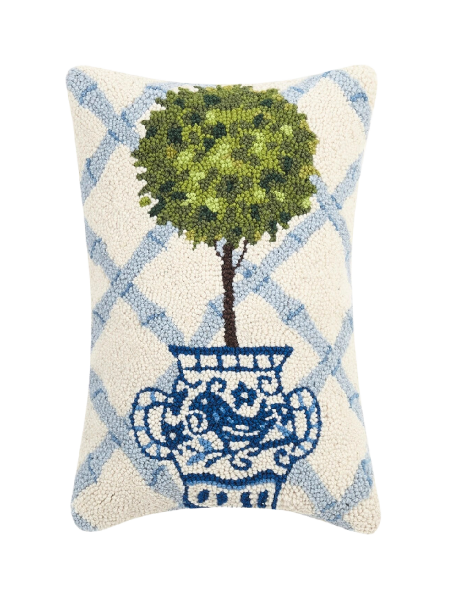 Ball Topiary Hook Pillow, Blue Trellis Pattern