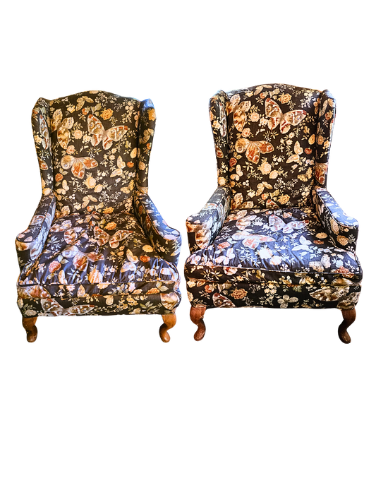 Pair of Brown Custom Upholstered Wingback Chairs in Butterfly & Floral Pattern Cottage core Fall Decor
