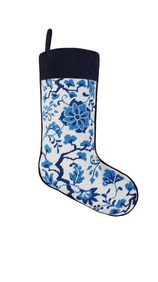 Chinoiserie Embroidered Needlepoint Stocking Flowers | Blue and White Needlepoint Stocking