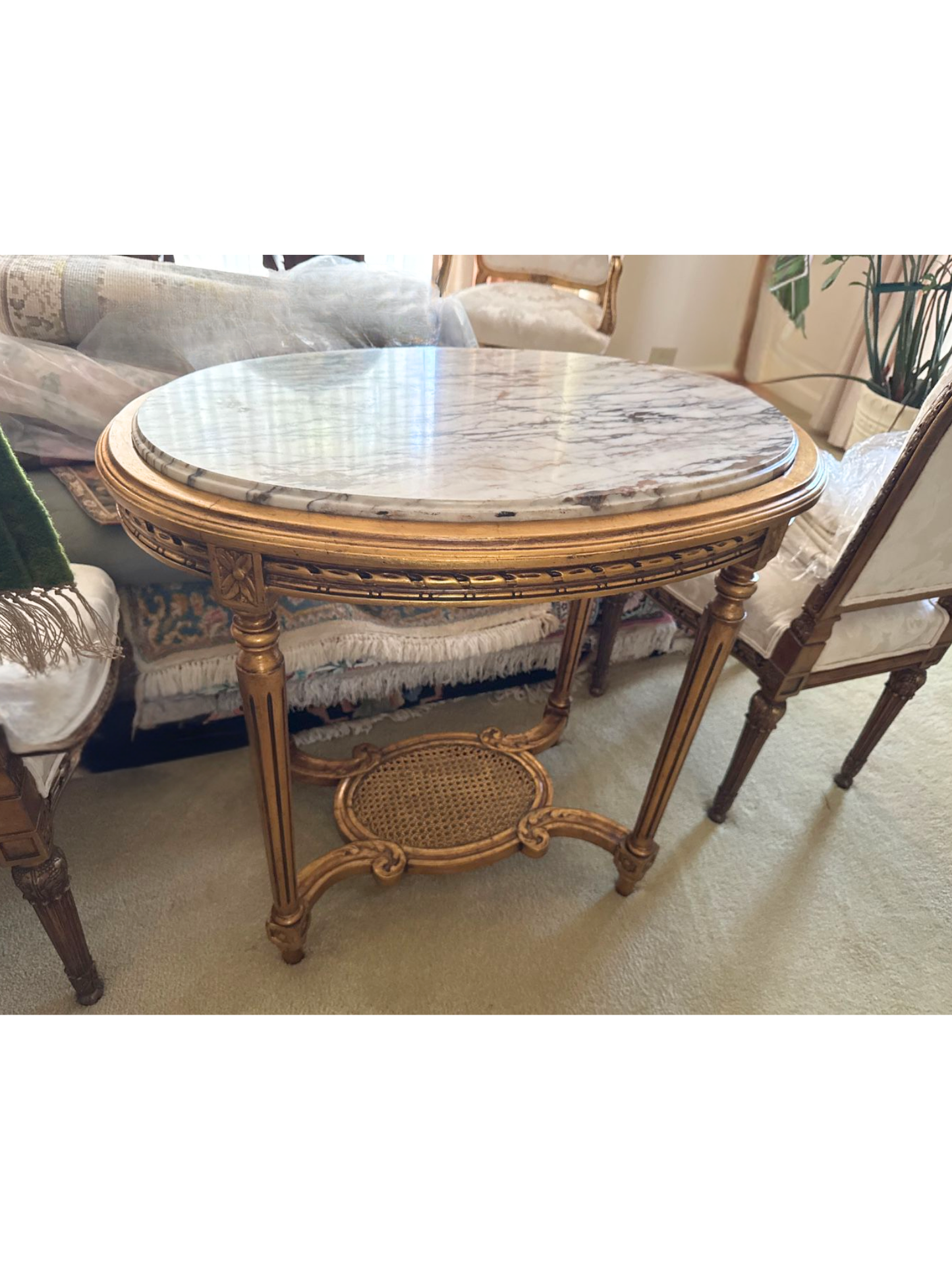 Louis XVI Style Oval Giltwood Carved Marble-Top Table