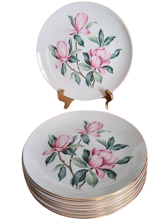 Vintage Spring Plates Pink Magnolia Rhythm Homer Laughlin 8 Dinner Plates