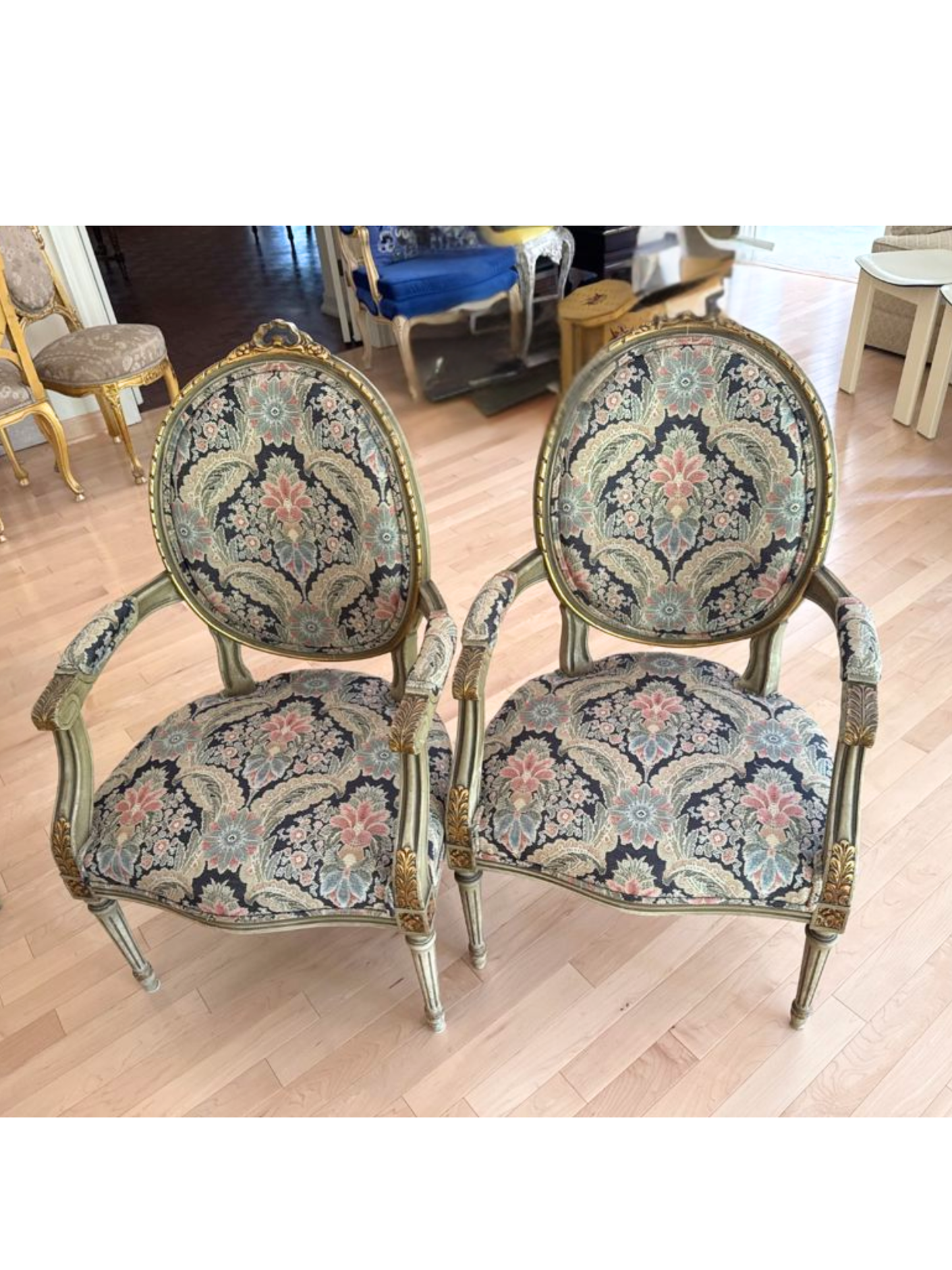 Pair of Louis XVI–Style Carved Fauteuil Armchairs
