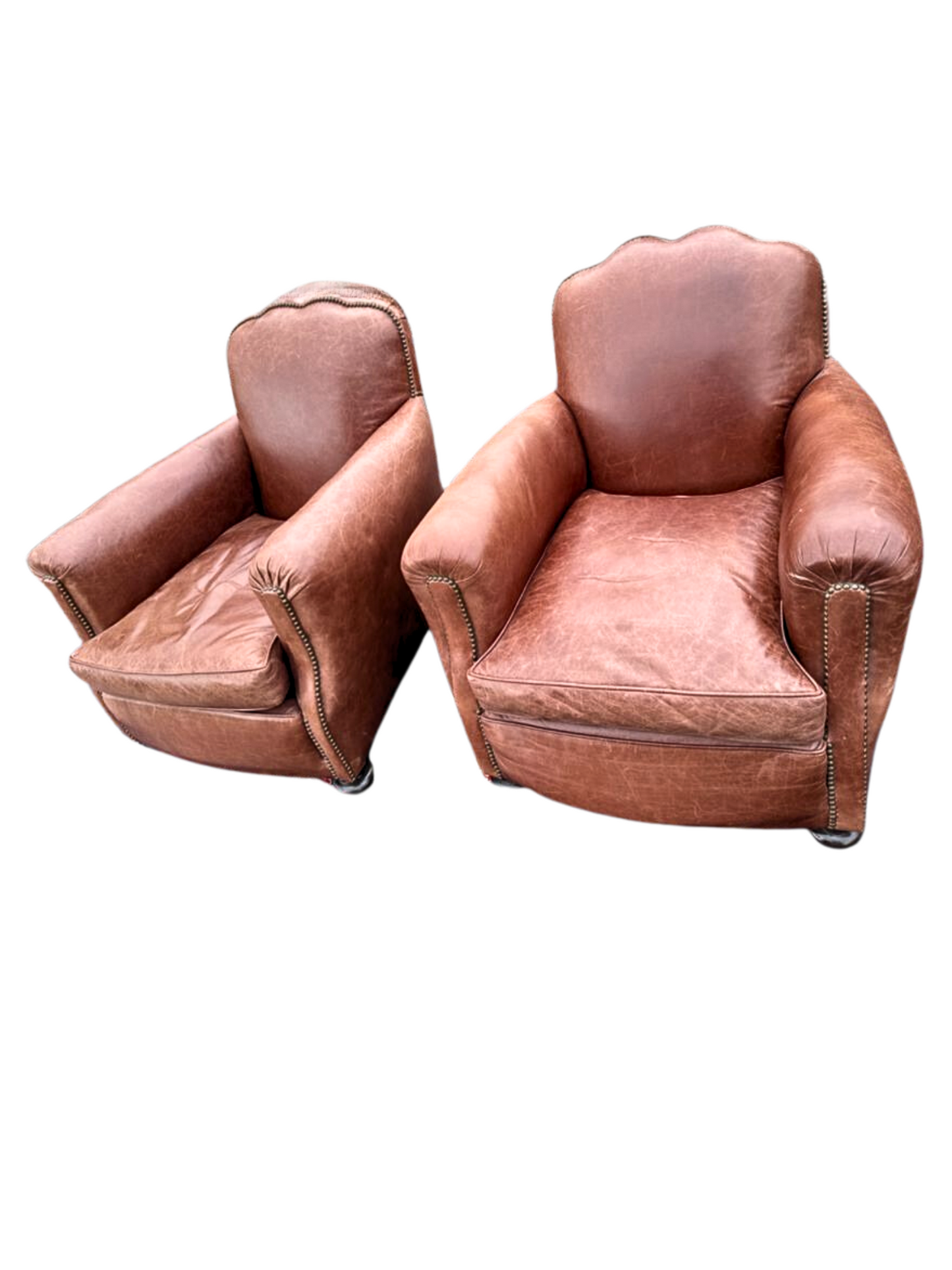 Pair of Vintage French Leather Chairs in Art Deco Style Mustache Leather Club Chairs