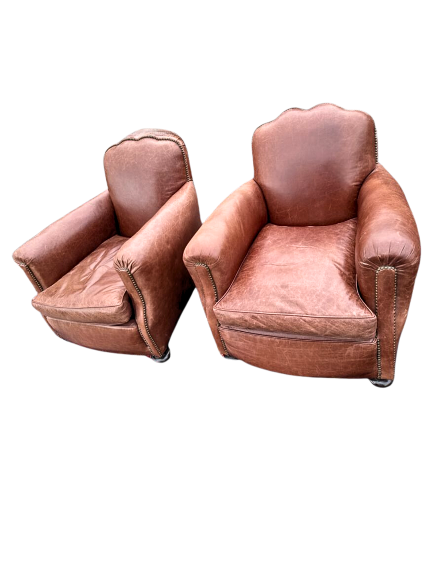 Pair of Vintage French Leather Chairs in Art Deco Style Mustache Leather Club Chairs