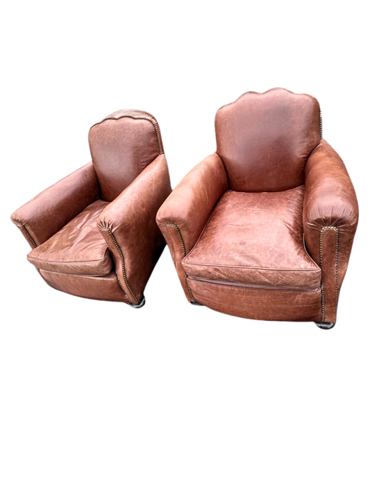 Pair of Vintage French Leather Chairs in Art Deco Style Mustache Leather Club Chairs