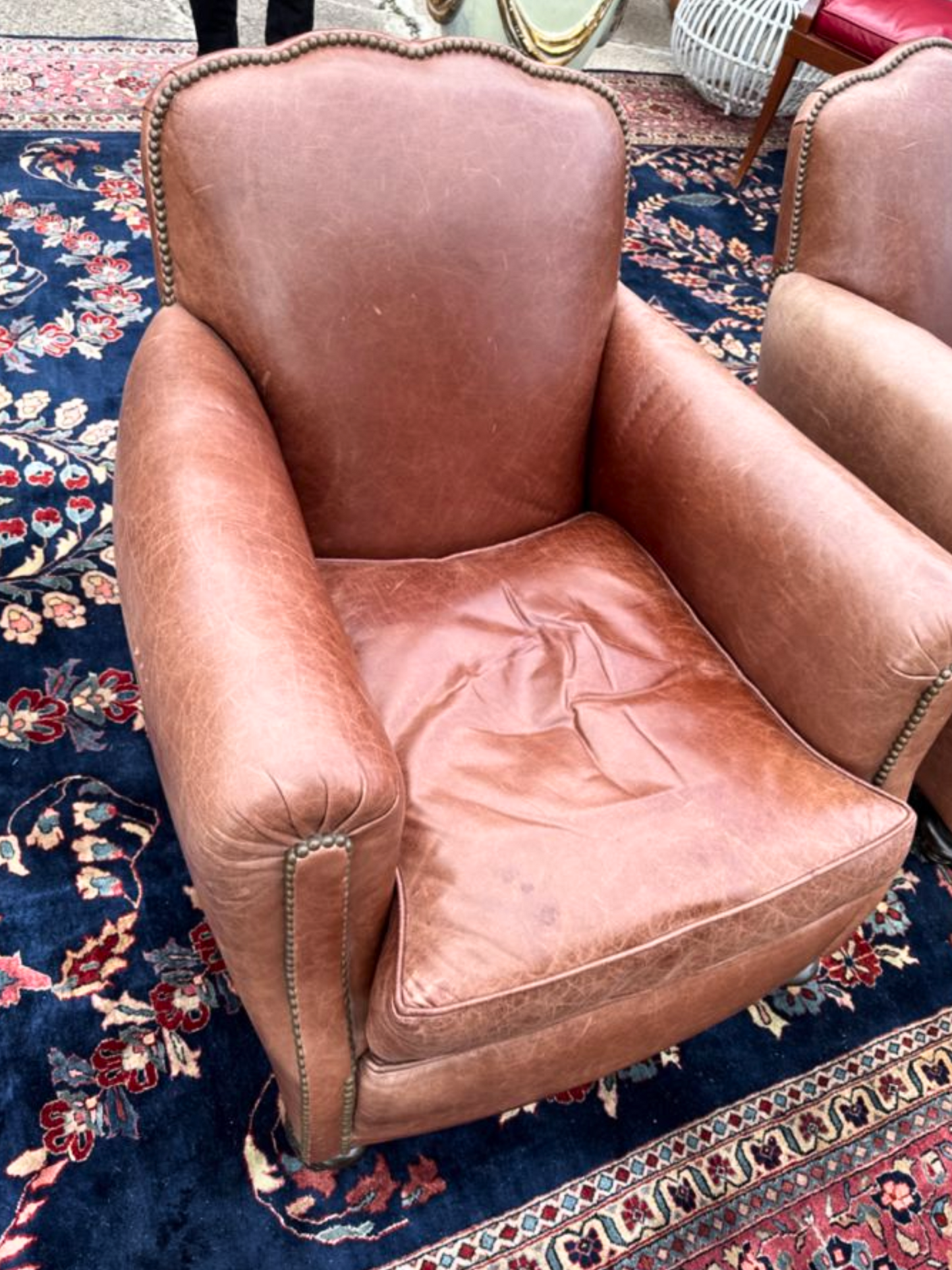 Pair of Vintage French Leather Chairs in Art Deco Style Mustache Leather Club Chairs