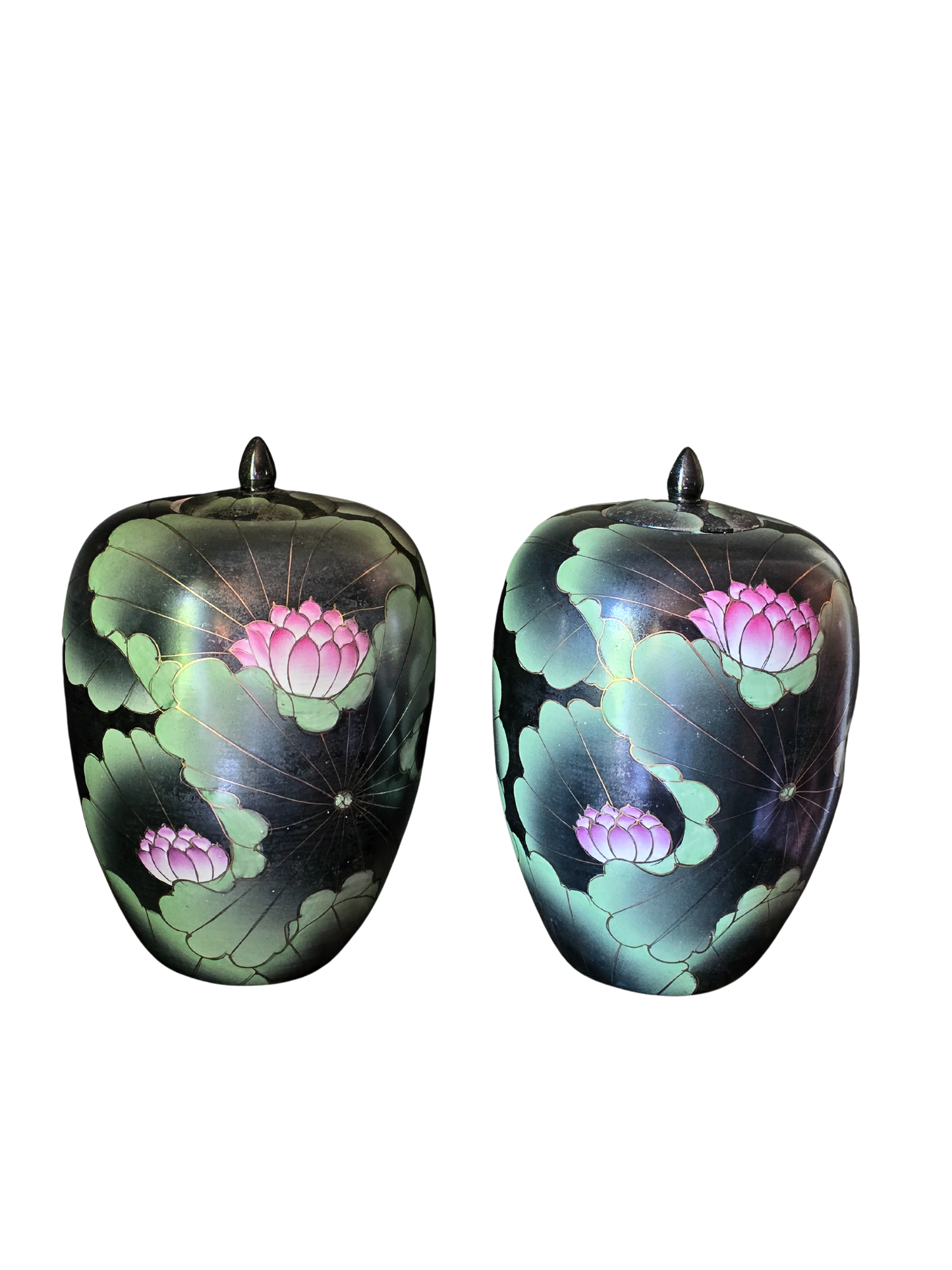 Pair of Large Chioniserie Ginger Jars Mid 20th Century Hand-Painted Lotus Black Ginger Jars – Chinoiserie Style