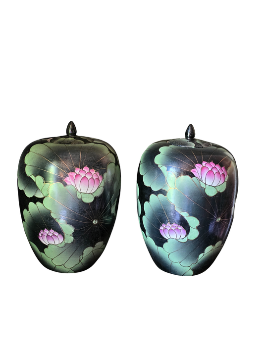 Pair of Large Chioniserie Ginger Jars Mid 20th Century Hand-Painted Lotus Black Ginger Jars – Chinoiserie Style