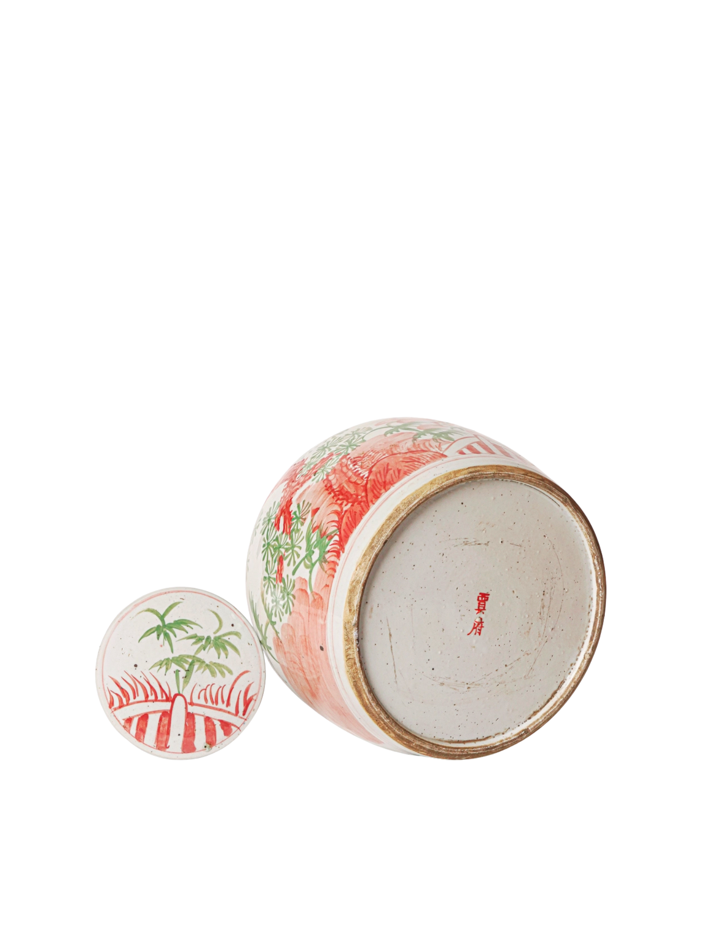 Chinoiserie Pink & Green Rustic Porcelain  Lidded Jar