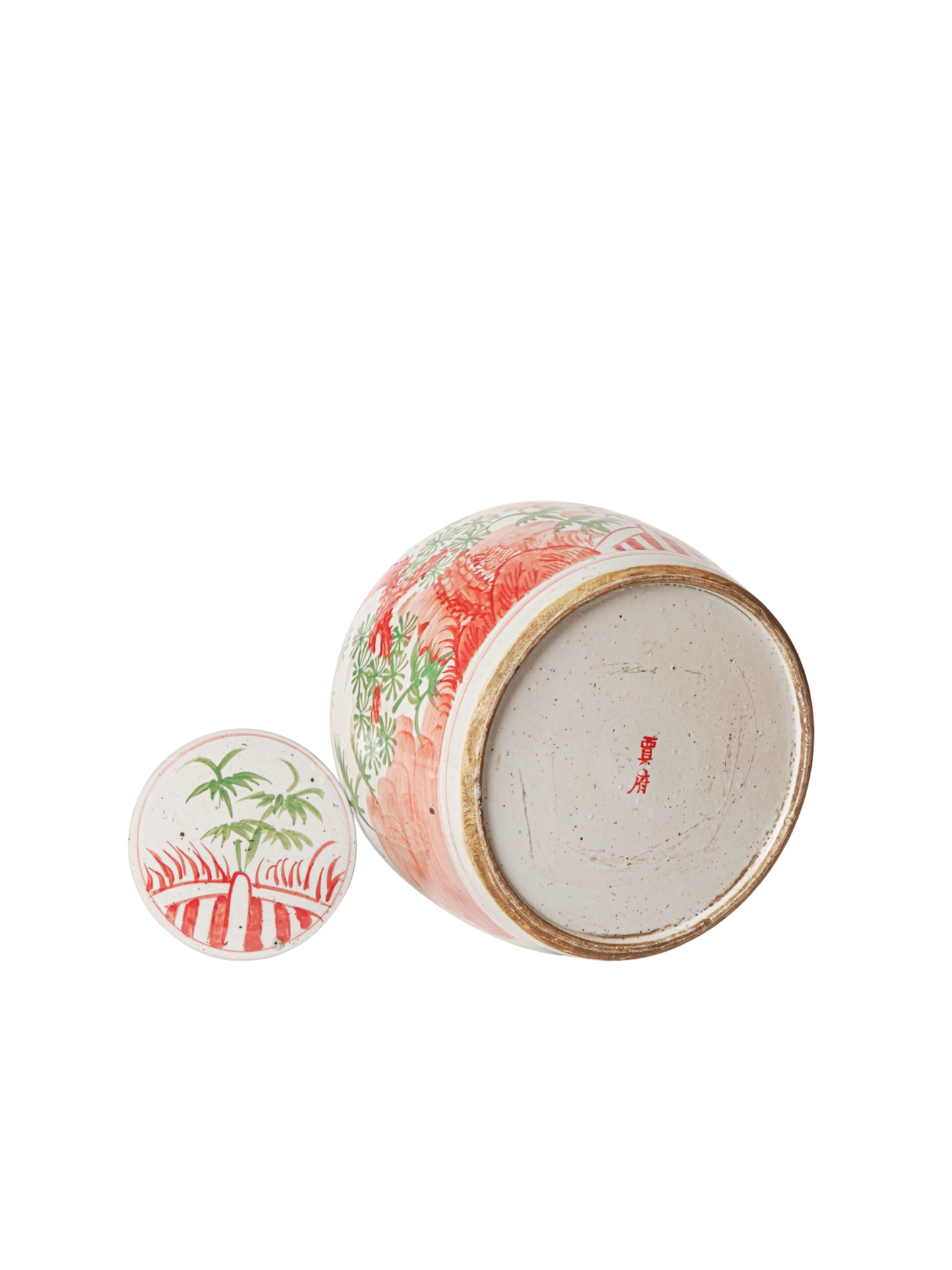 Chinoiserie Pink & Green Rustic Porcelain  Lidded Jar