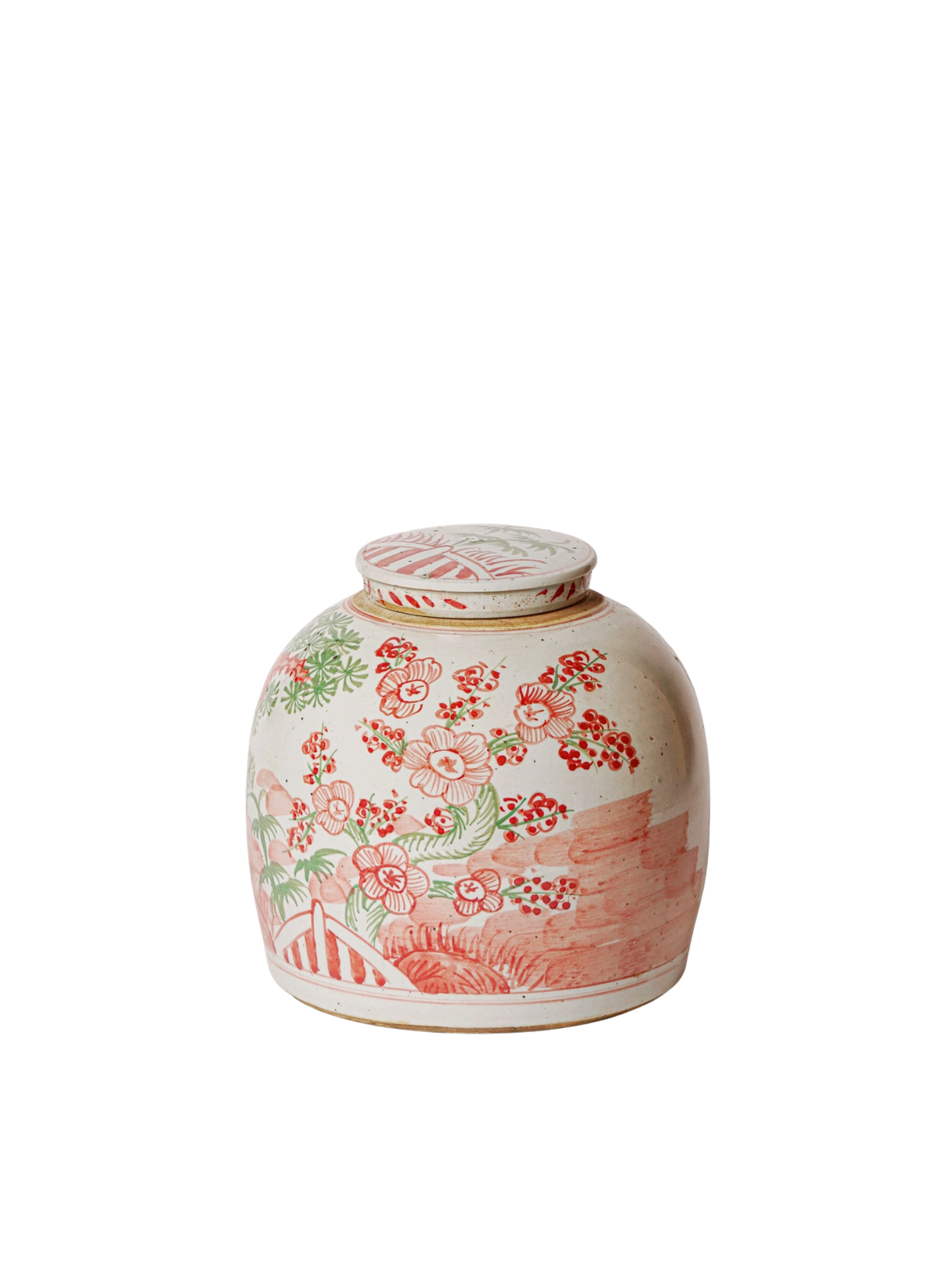 Chinoiserie Pink & Green Rustic Porcelain  Lidded Jar