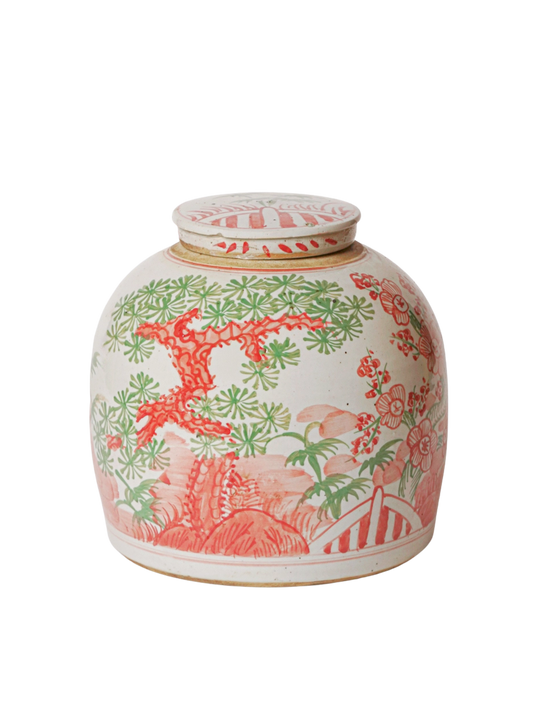 Chinoiserie Pink & Green Rustic Porcelain  Lidded Jar