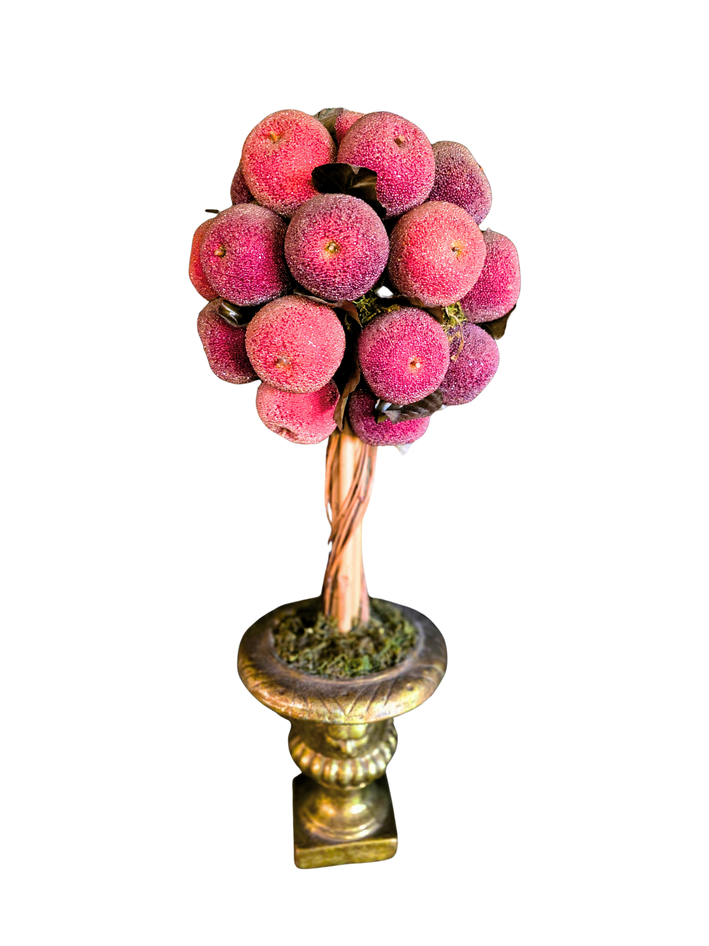 Red Beaded Apple Topiary Centerpiece – Faux Fruit Arrangement in Gold Pedestal Urn Holiday Decor