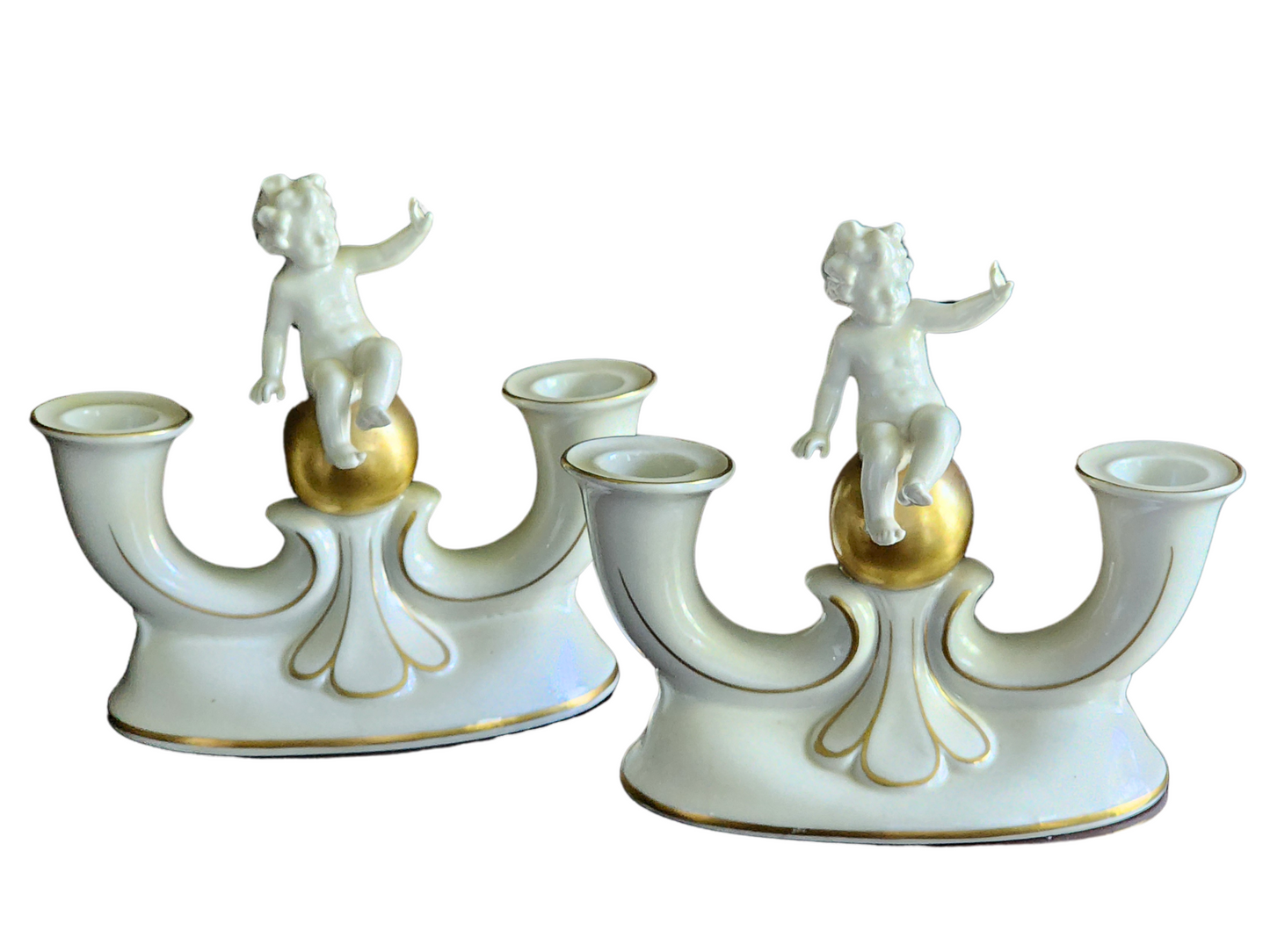 PAIR OF ART DECO GRAFENTHAL GERMANY CARL SCHEIDIG PORCELAIN CHERUBS CANDLE HOLDERS