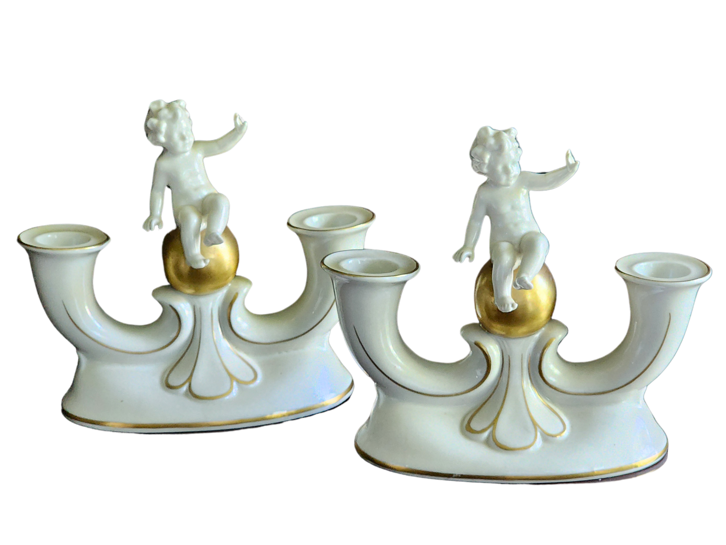 PAIR OF ART DECO GRAFENTHAL GERMANY CARL SCHEIDIG PORCELAIN CHERUBS CANDLE HOLDERS