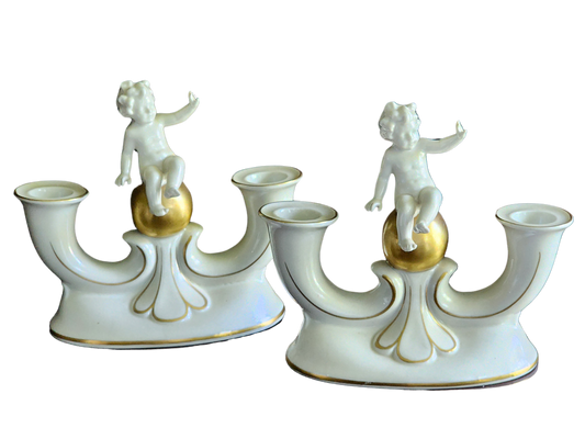 PAIR OF ART DECO GRAFENTHAL GERMANY CARL SCHEIDIG PORCELAIN CHERUBS CANDLE HOLDERS